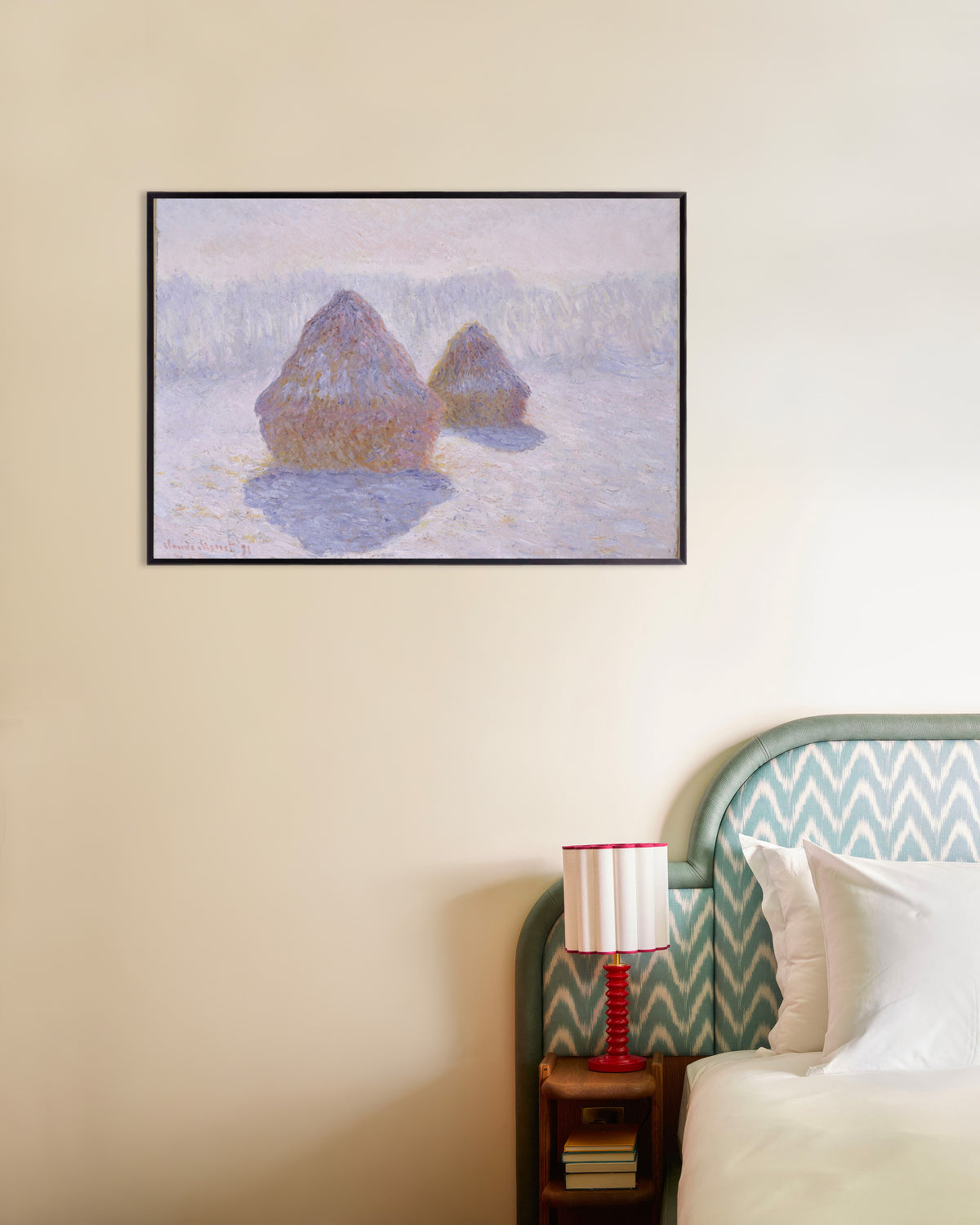 Poster Graanschelven, effect van sneeuw en zon (1891) van Claude Monet met metalen lijst