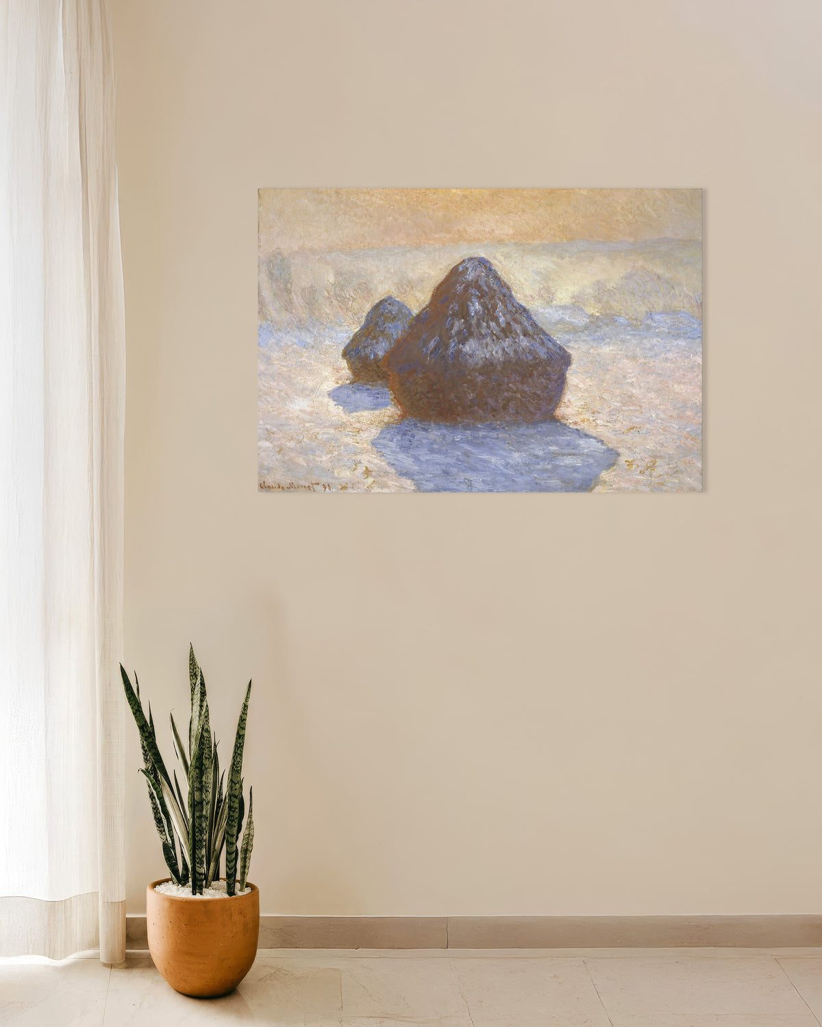 Poster Graanschelven, sneeuweffect (1891) van Claude Monet