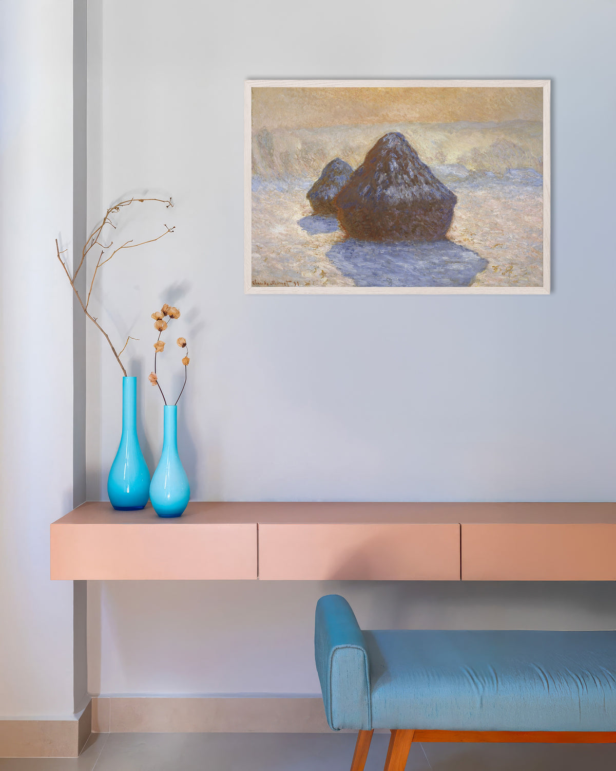 Poster Graanschelven, sneeuweffect (1891) van Claude Monet met witte houten lijst