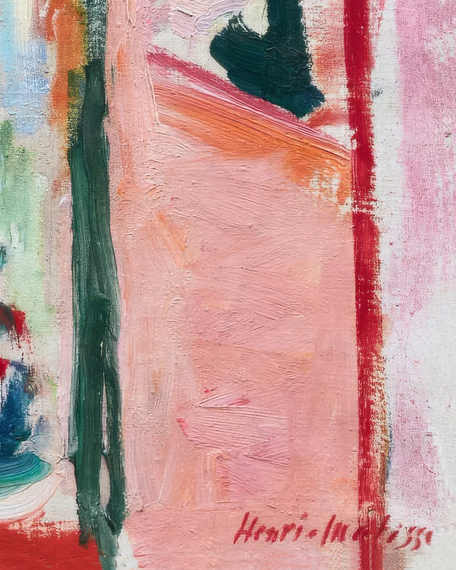 Abstract art with bold strokes of pink, green, red, and blue on a textured surface.