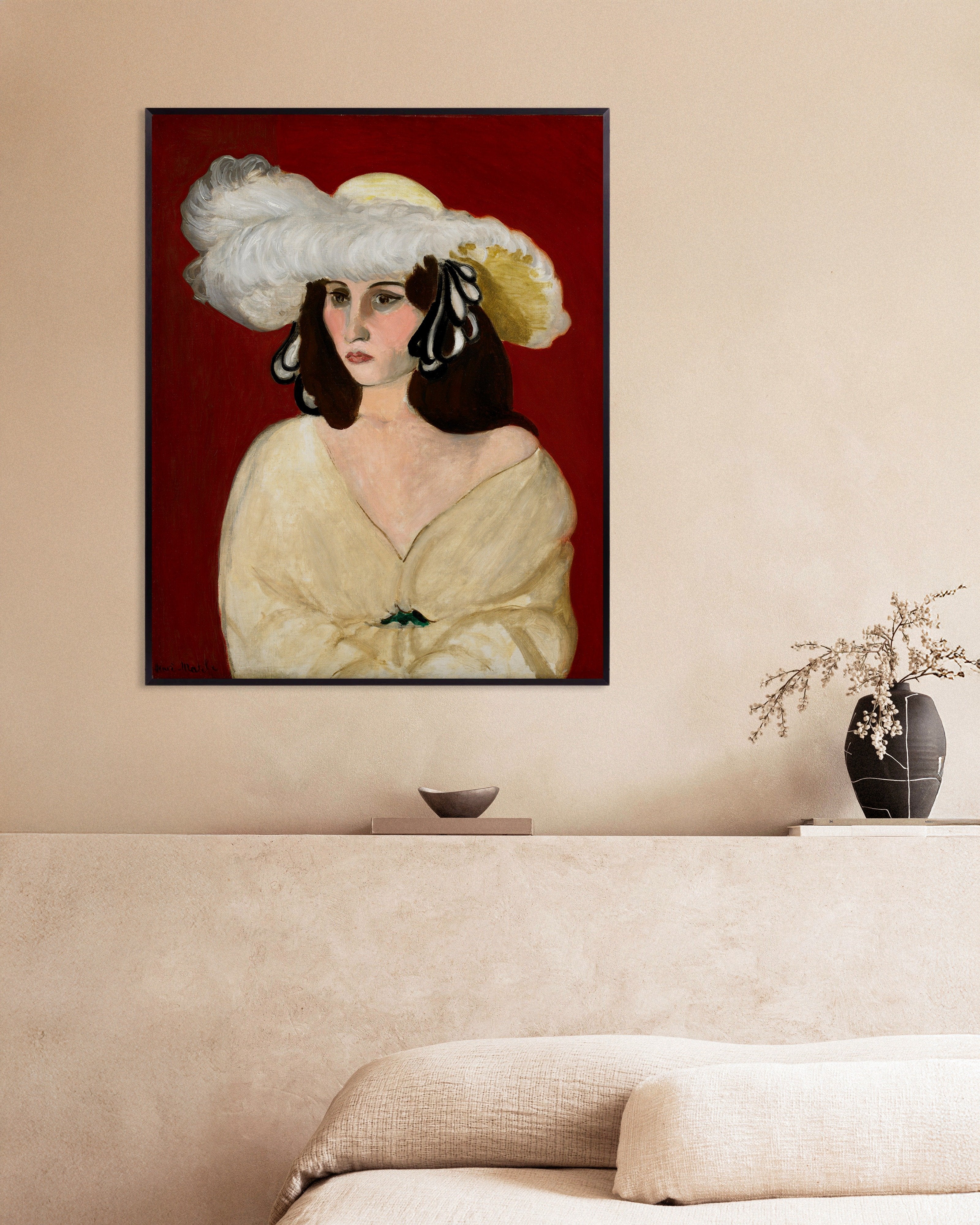 Poster of Henri Matisse White Plumes poster (1919), with metal frame