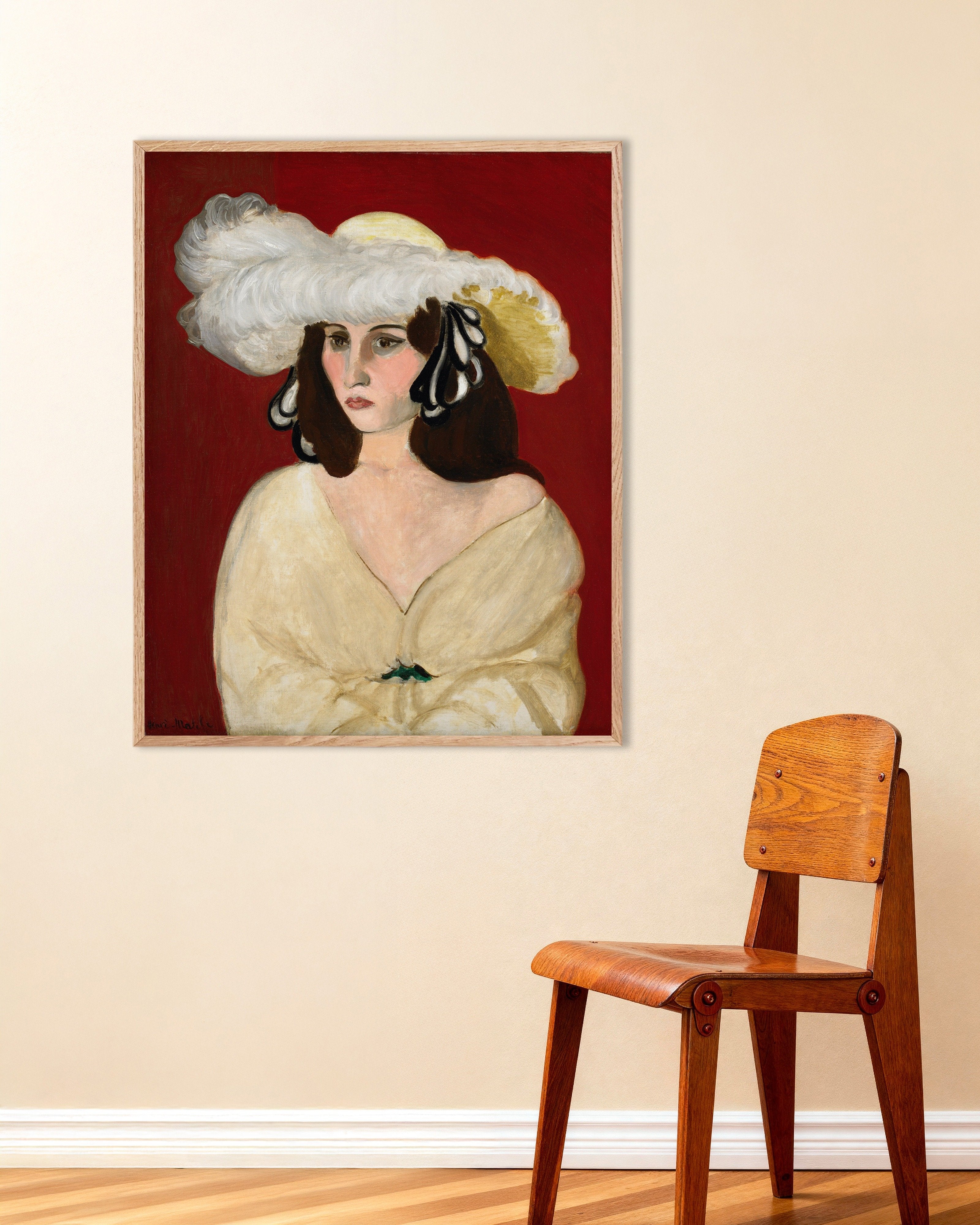 Poster of Henri Matisse White Plumes poster (1919), with natural wooden frame