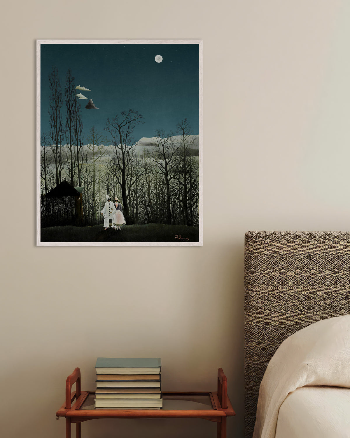 Poster de Henri Rousseau, Un soir de carnaval (détail), avec un cadre en bois blanc
