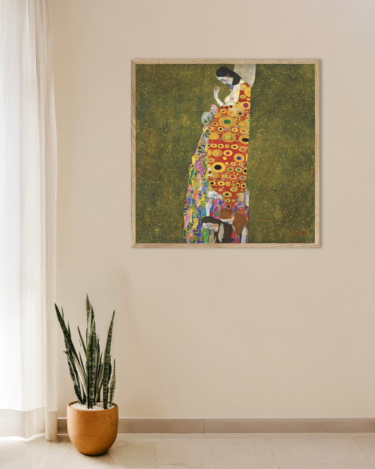 Poster De hoop II (1907–1908) van Gustav Klimt met naturel houten lijst