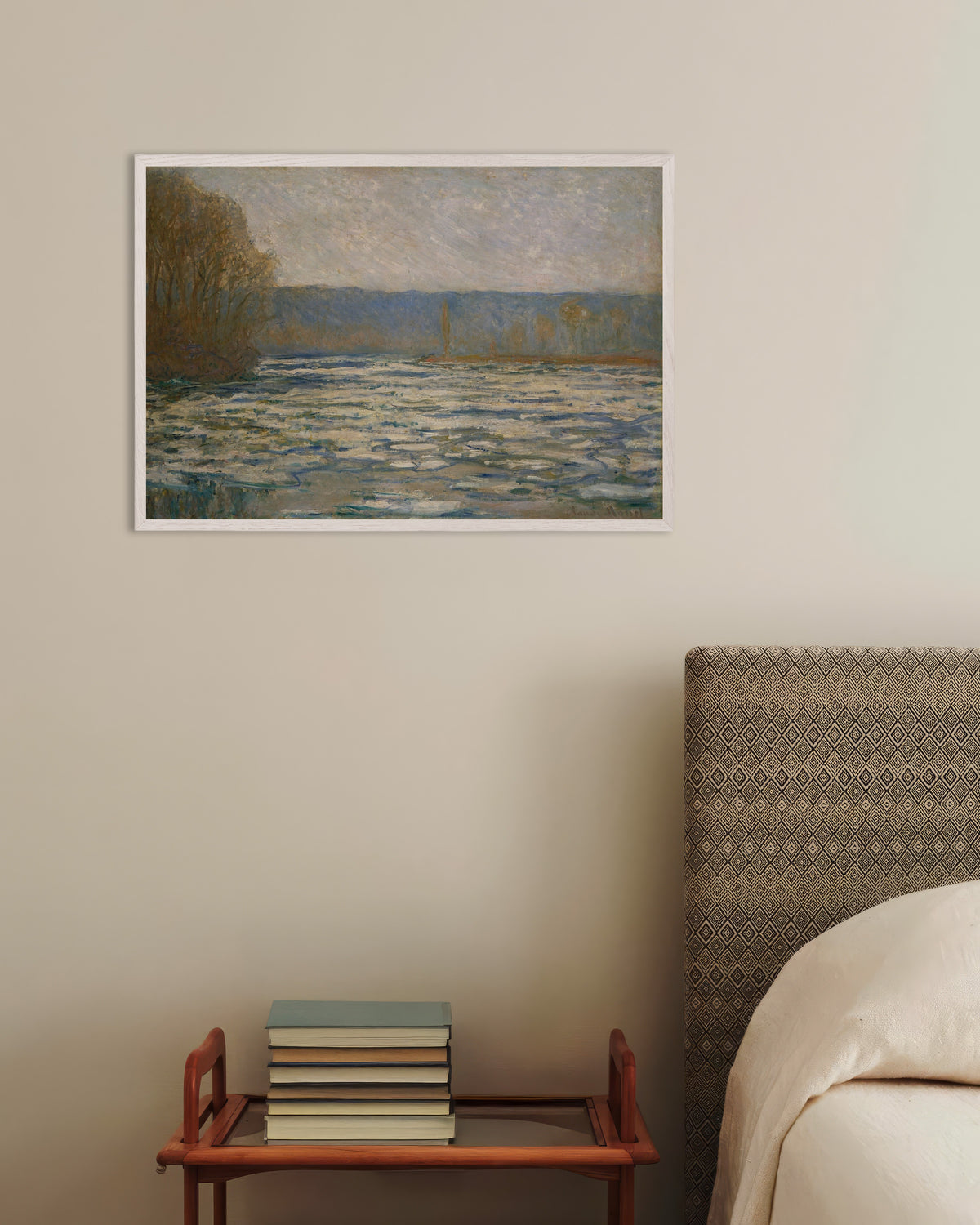 Affiche Débâcle sur la Seine près de Bennecourt (1893) de Claude Monet, avec un cadre en bois blanc