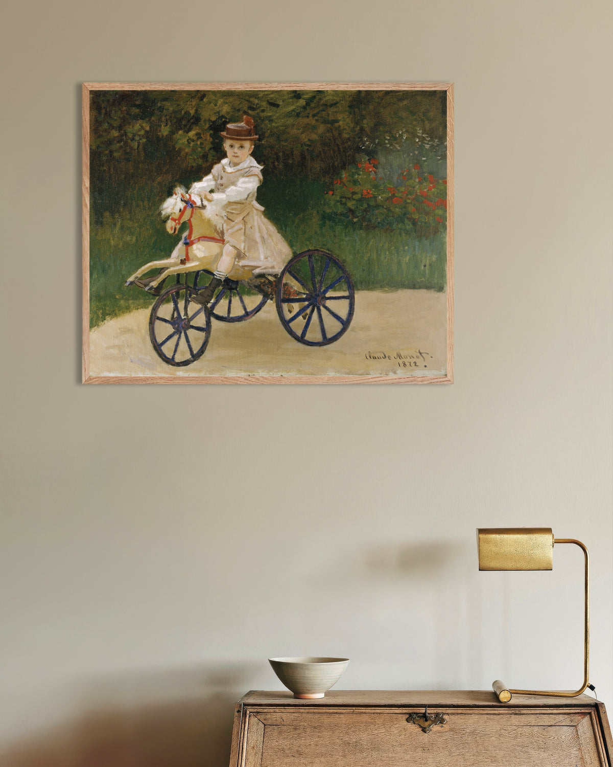 Affiche Jean Monet sur son cheval mécanique (1872) de Claude Monet, avec un cadre en bois naturel