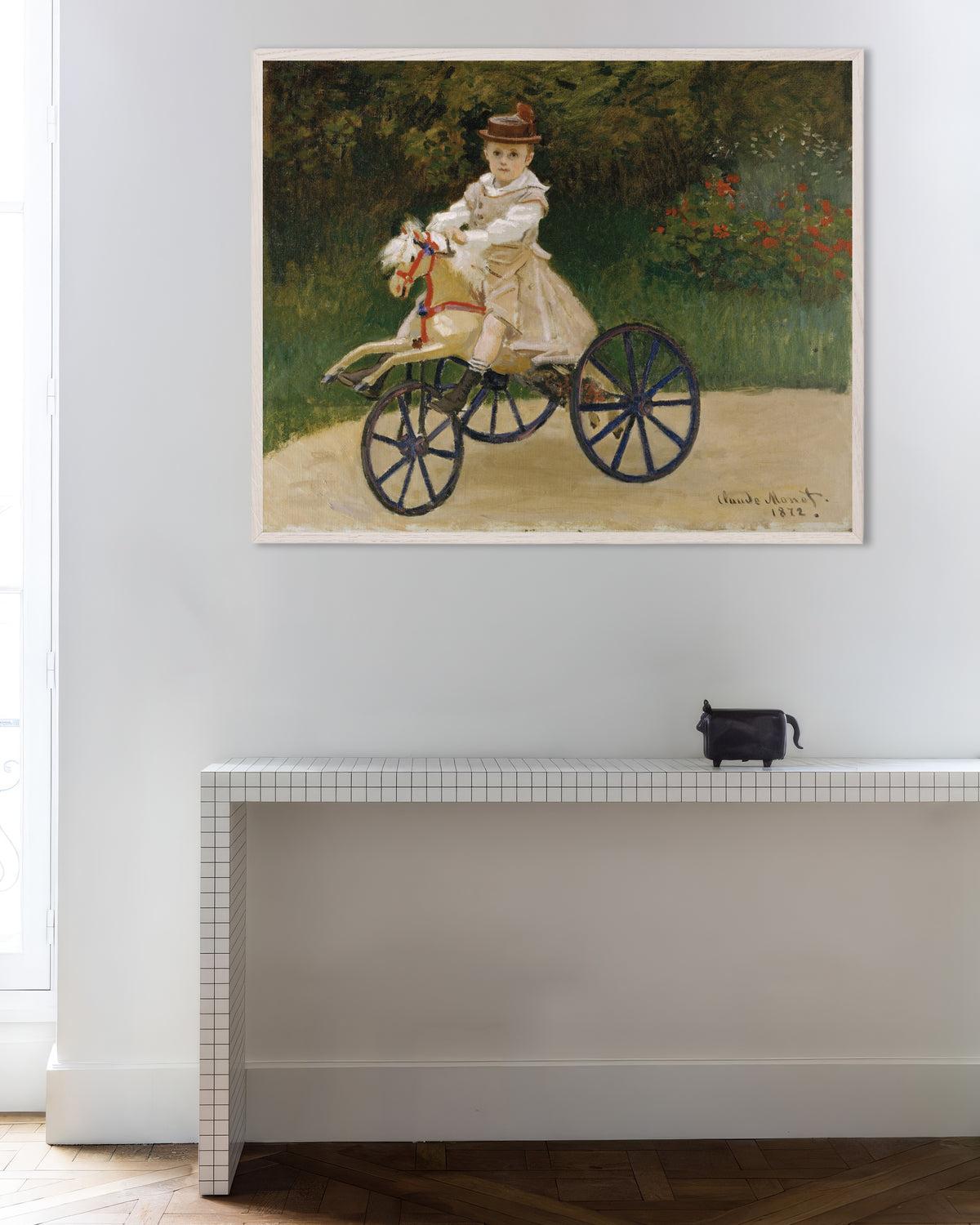 Affiche Jean Monet sur son cheval mécanique (1872) de Claude Monet, avec un cadre en bois blanc