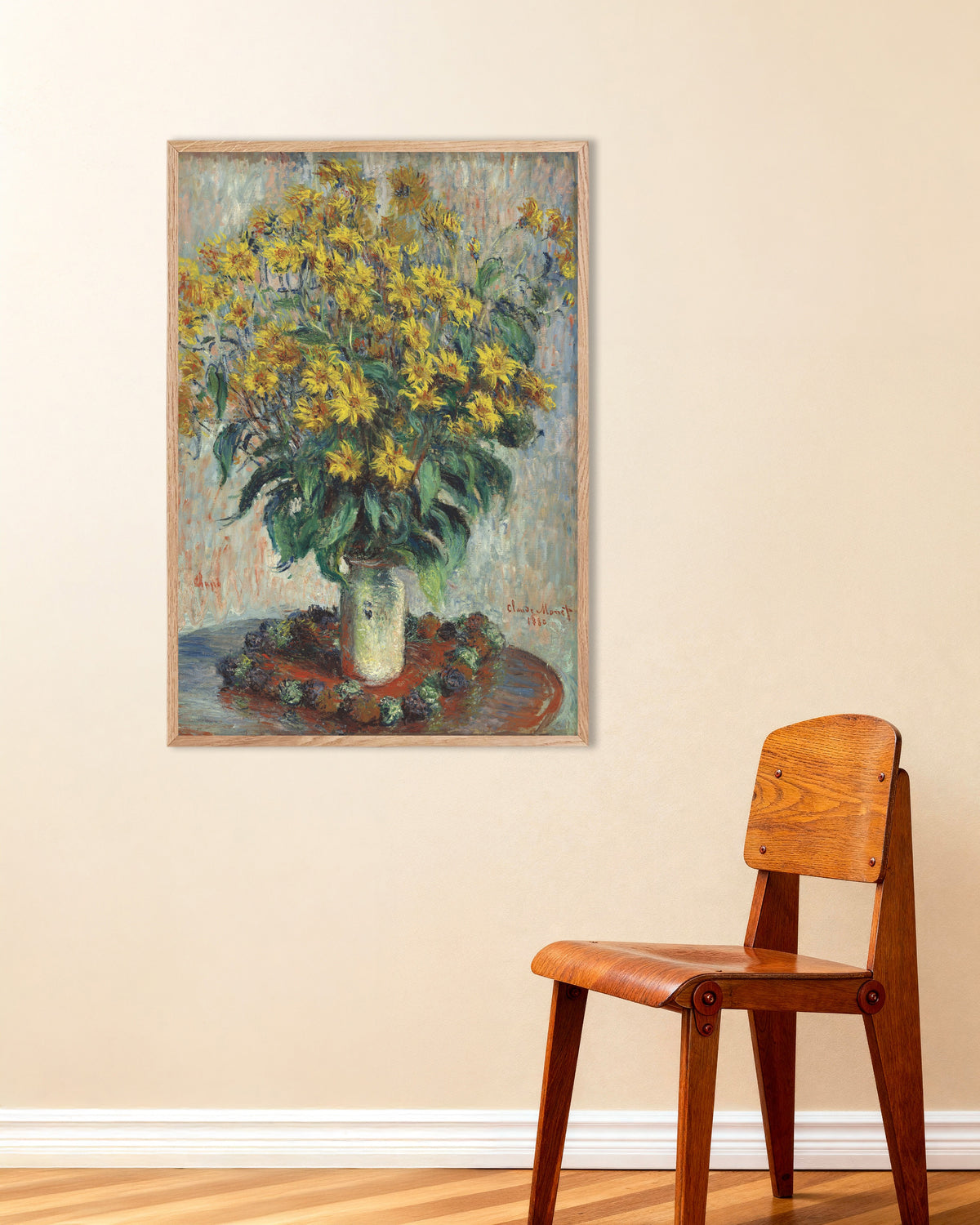 Affiche Fleurs de topinambours (1880) de Claude Monet, avec un cadre en bois naturel