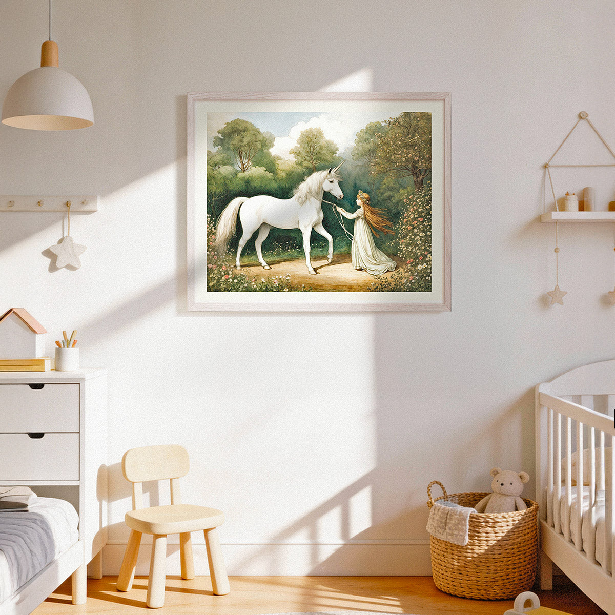 Framed Posterscape artwork of a woman and white horse in a garden above a child's room with furniture and decor.