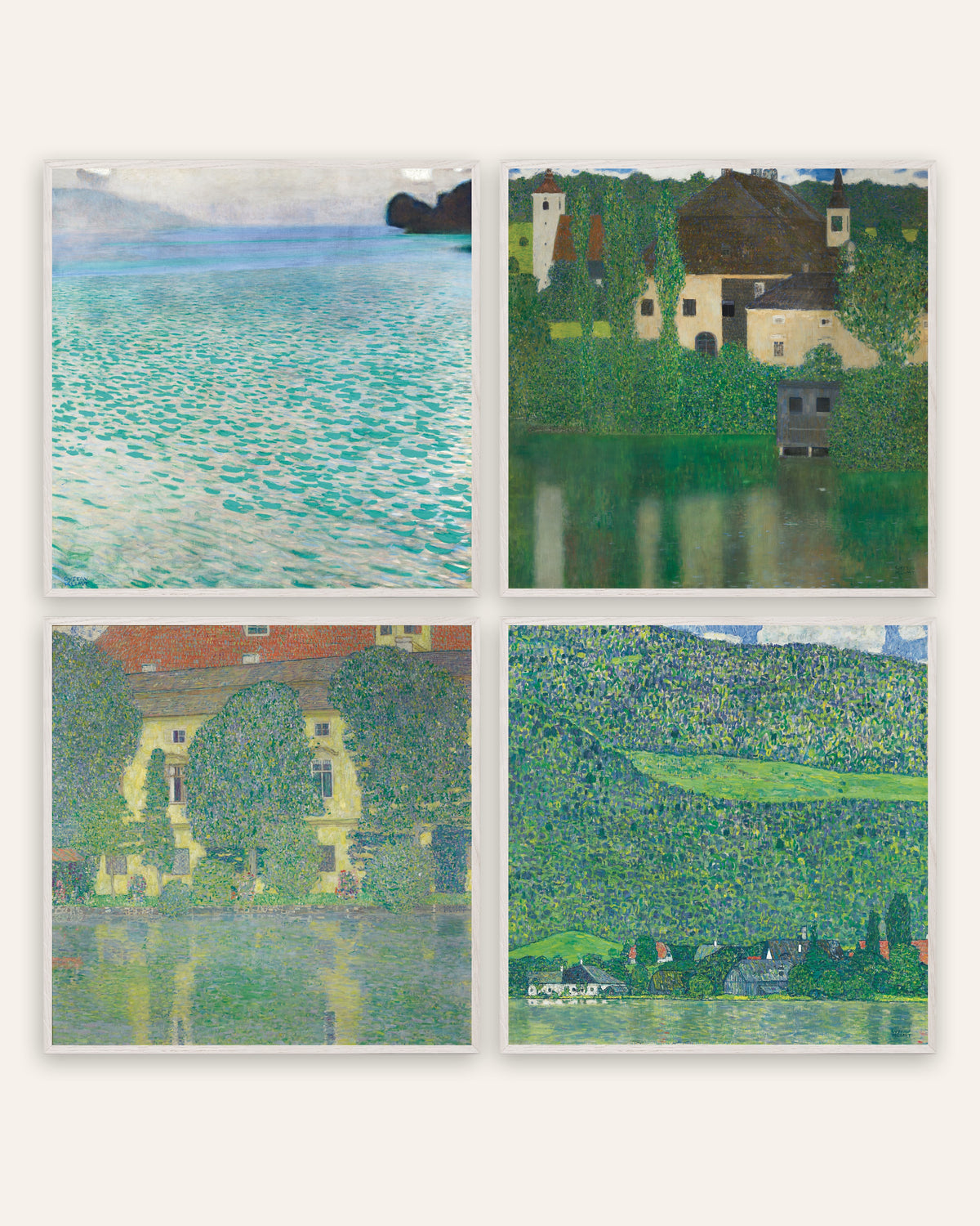 Klimt posters, set van 4: de Attersee, Schloss Kammer en Litzlberg, in witte eikenhouten lijsten