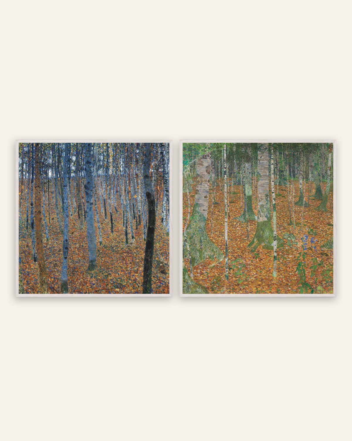 Klimt posters, set van 2: Beukenbos I en Berkenbos, in witte eikenhouten lijsten