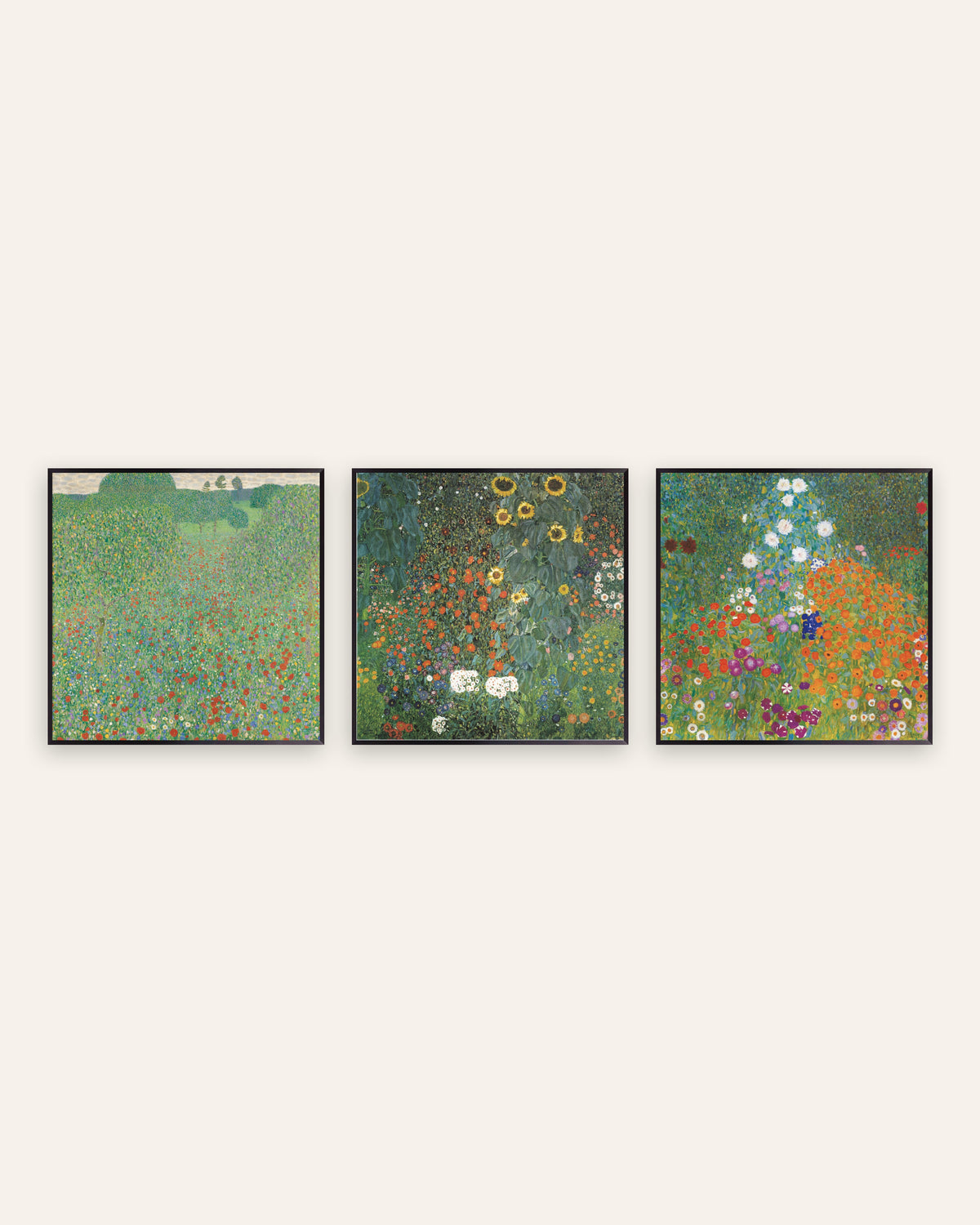 Affiches Klimt, lot de 3 : Champ de coquelicots, Jardin aux tournesols et Jardin paysan, cadres en métal noir