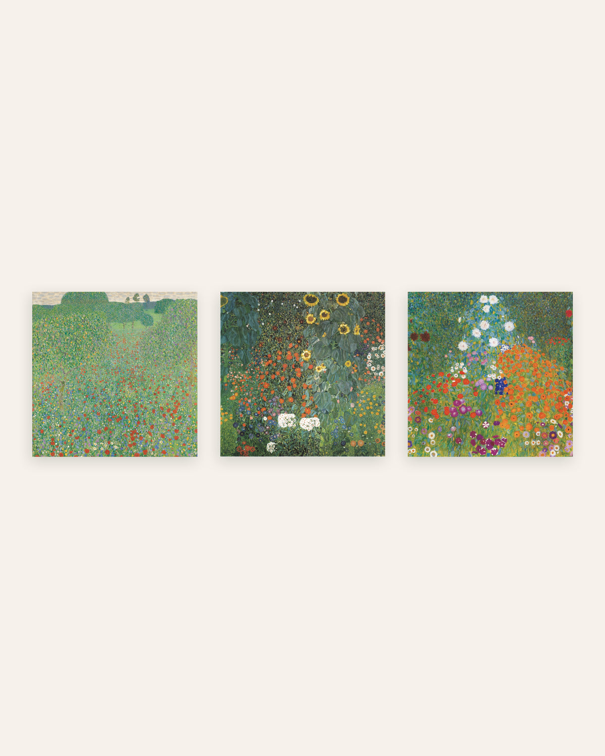 Affiches Klimt, lot de 3 : Champ de coquelicots, Jardin aux tournesols et Jardin paysan, sans cadre