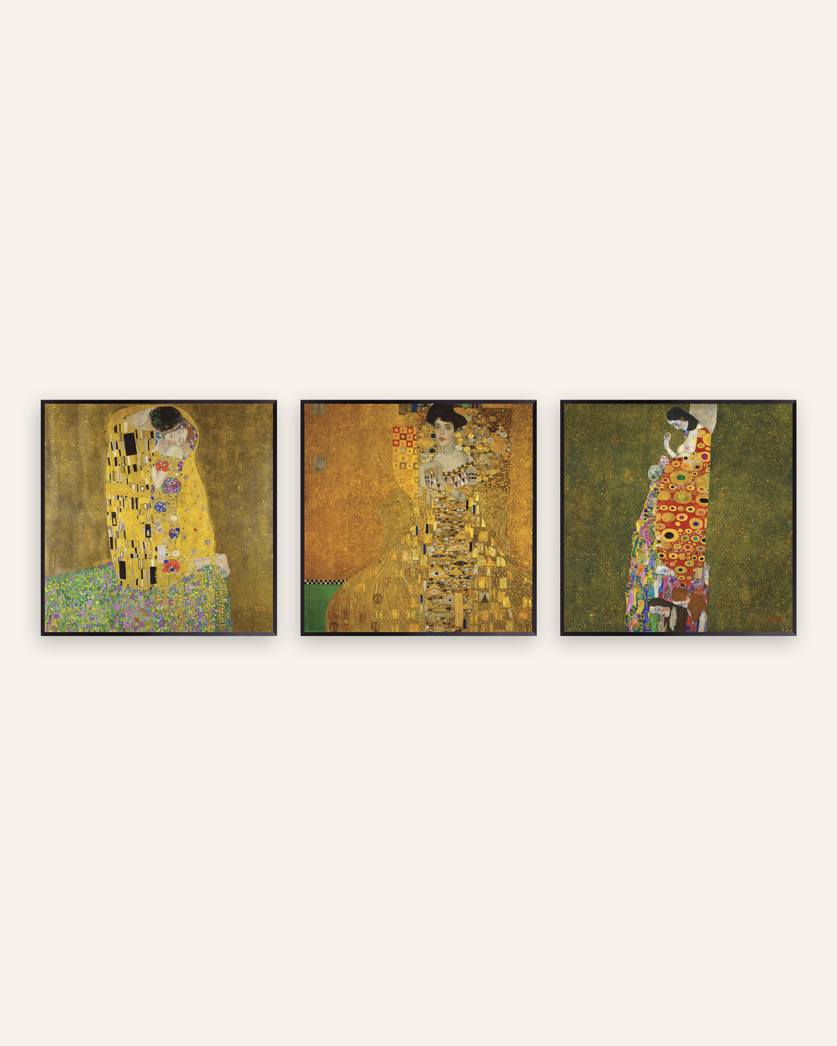 Affiches Klimt, lot de 3 : Le Baiser, Adele Bloch-Bauer I et L’Espoir II, cadres en métal noir