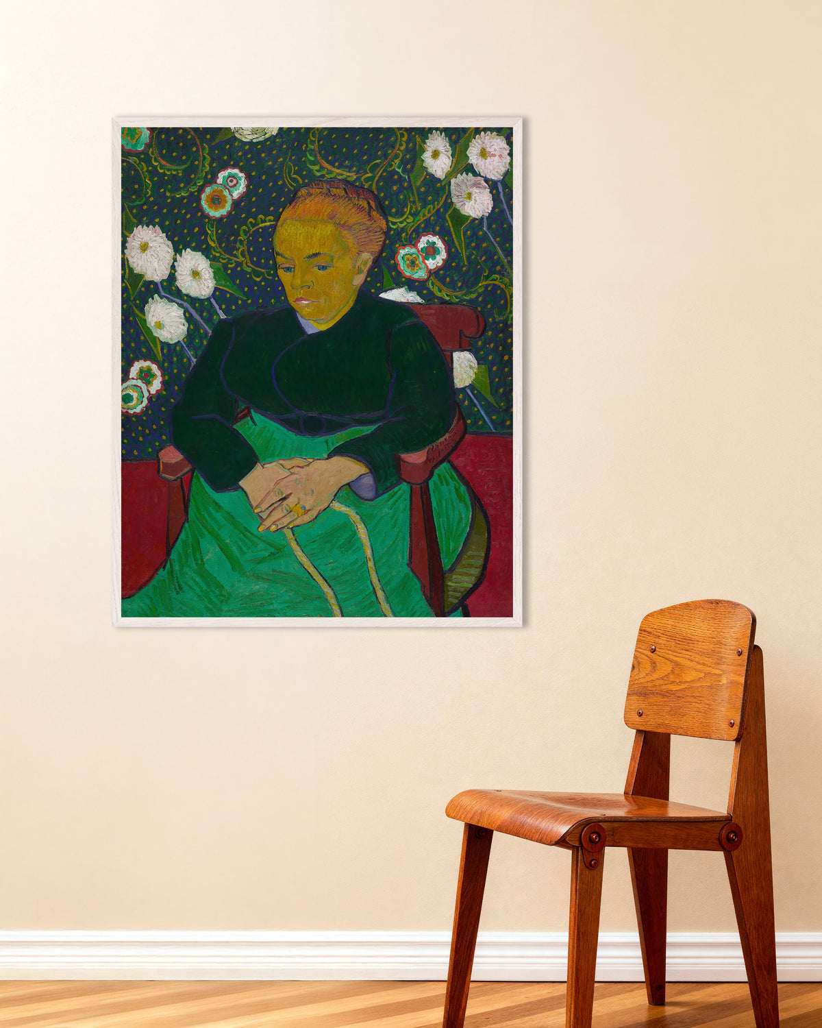 Poster La Berceuse, Madame Roulin berçant le berceau (1889) de Vincent van Gogh, avec cadre en bois blanc