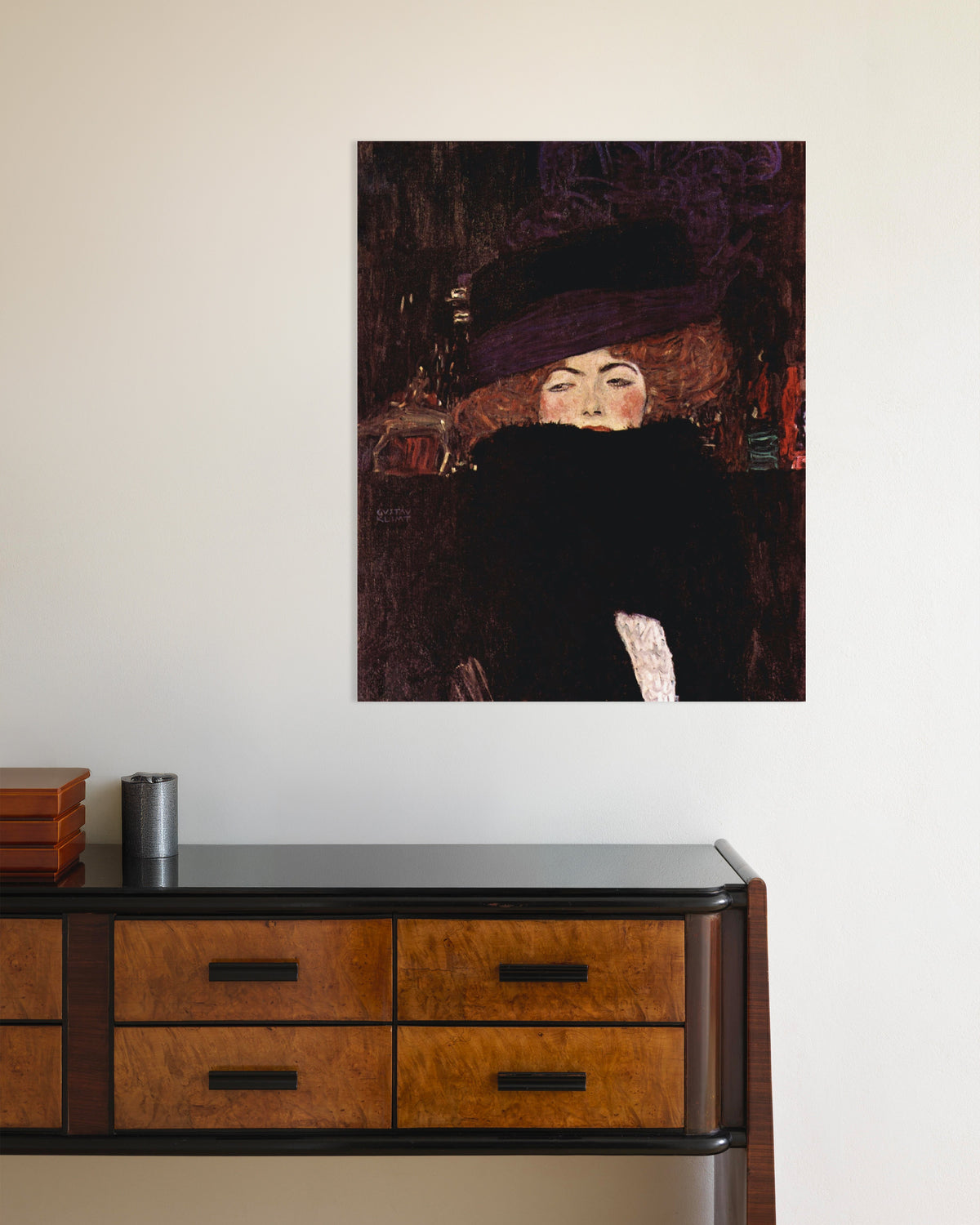 Poster van Dame met hoed en verenboa (1909) van Gustav Klimt