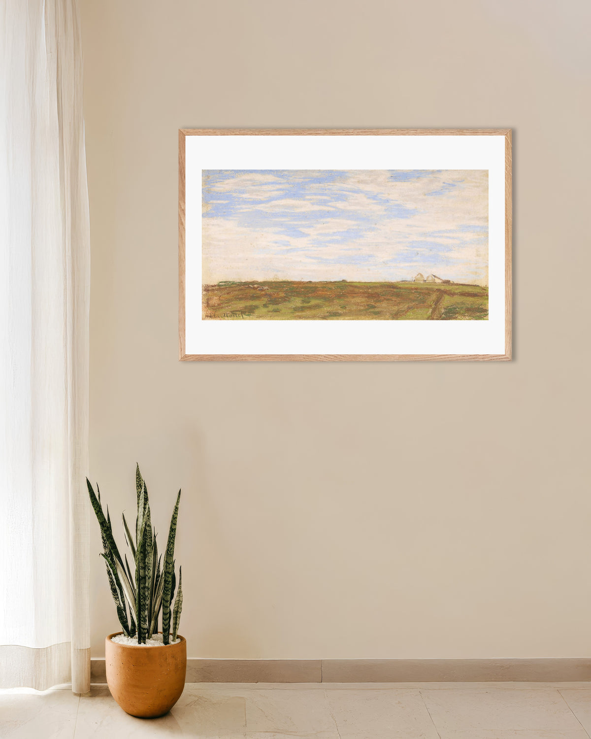 Poster Landschap (1864–1866) van Claude Monet met naturel houten lijst