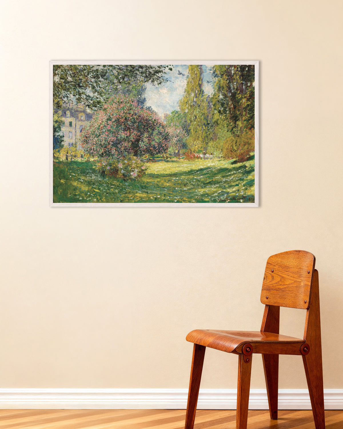 Poster Landschap, het Parc Monceau (1876) van Claude Monet met witte houten lijst