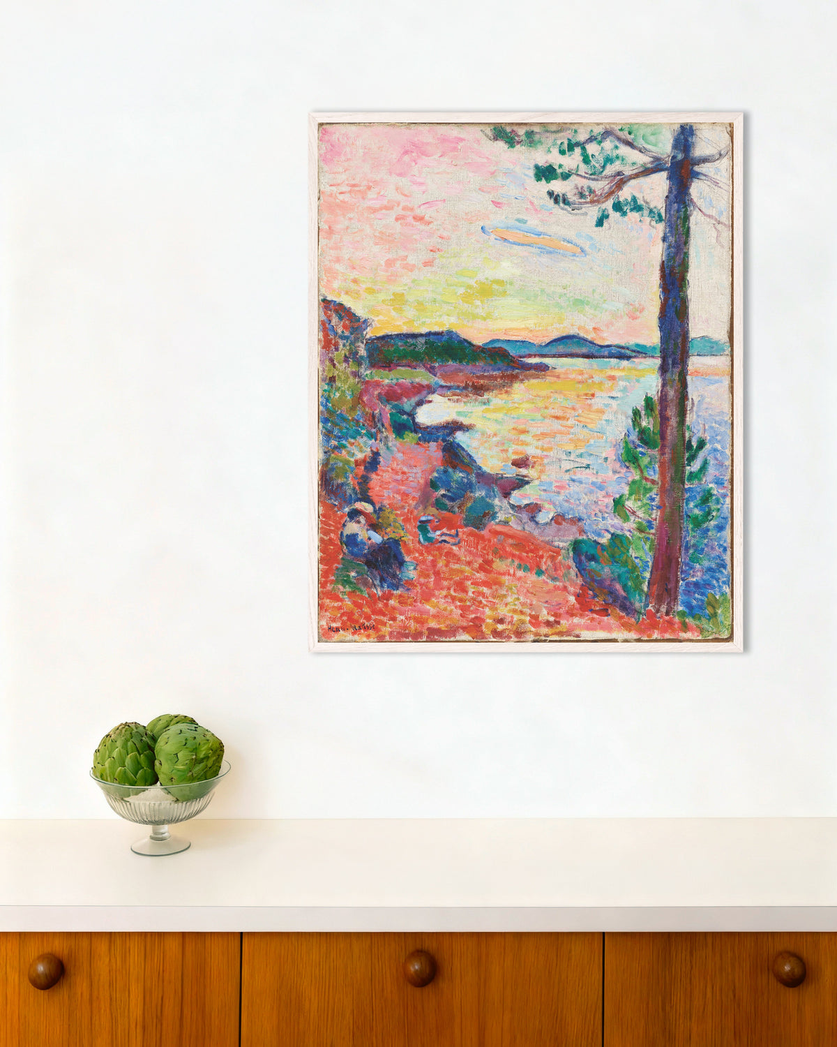 Poster de Le Goûter, Le Golfe de Saint-Tropez (1904), Henri Matisse, avec un cadre en bois blanc