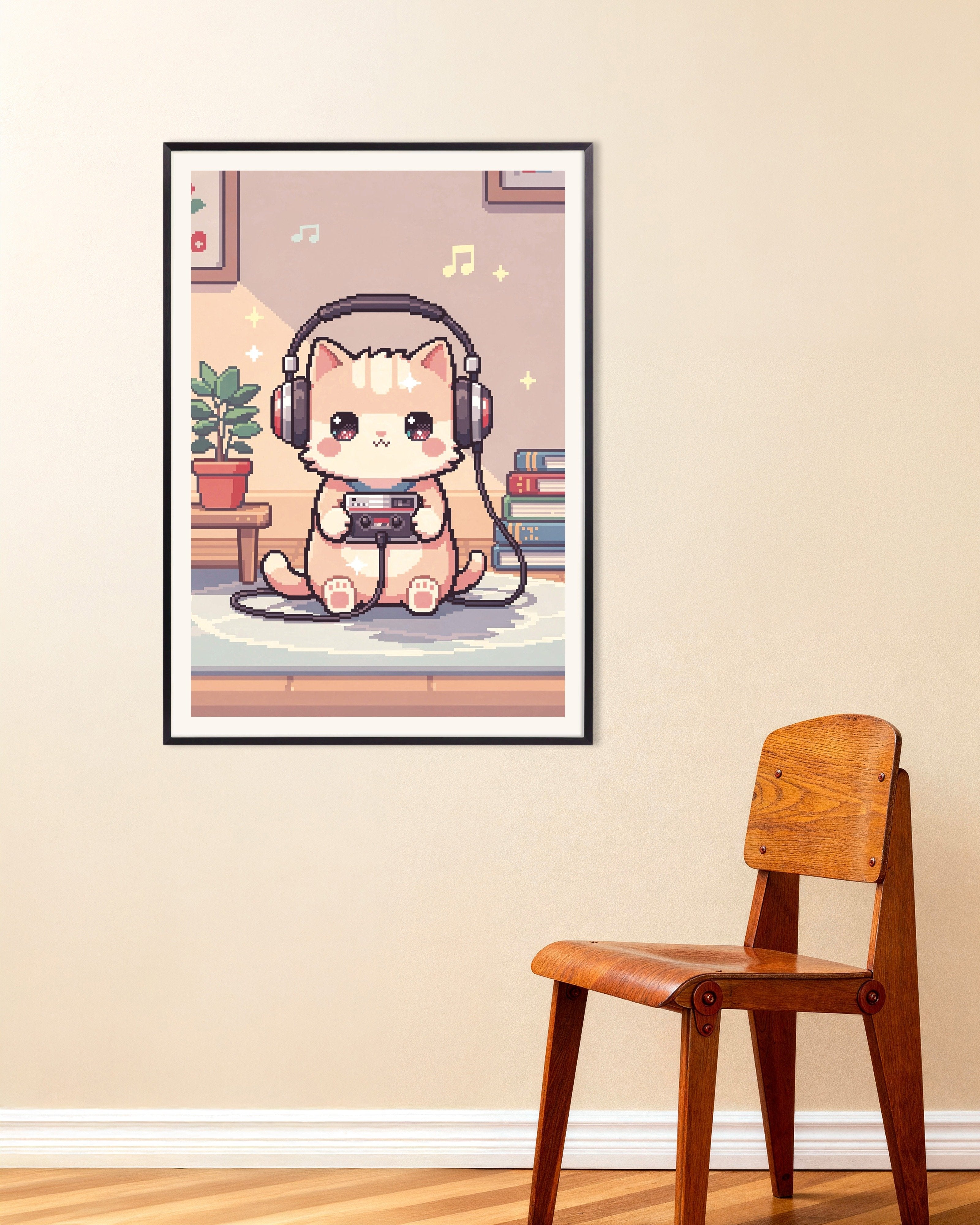 Poster of Lo-Fi Cat with Headphones Pixel Art Poster, with metal frame