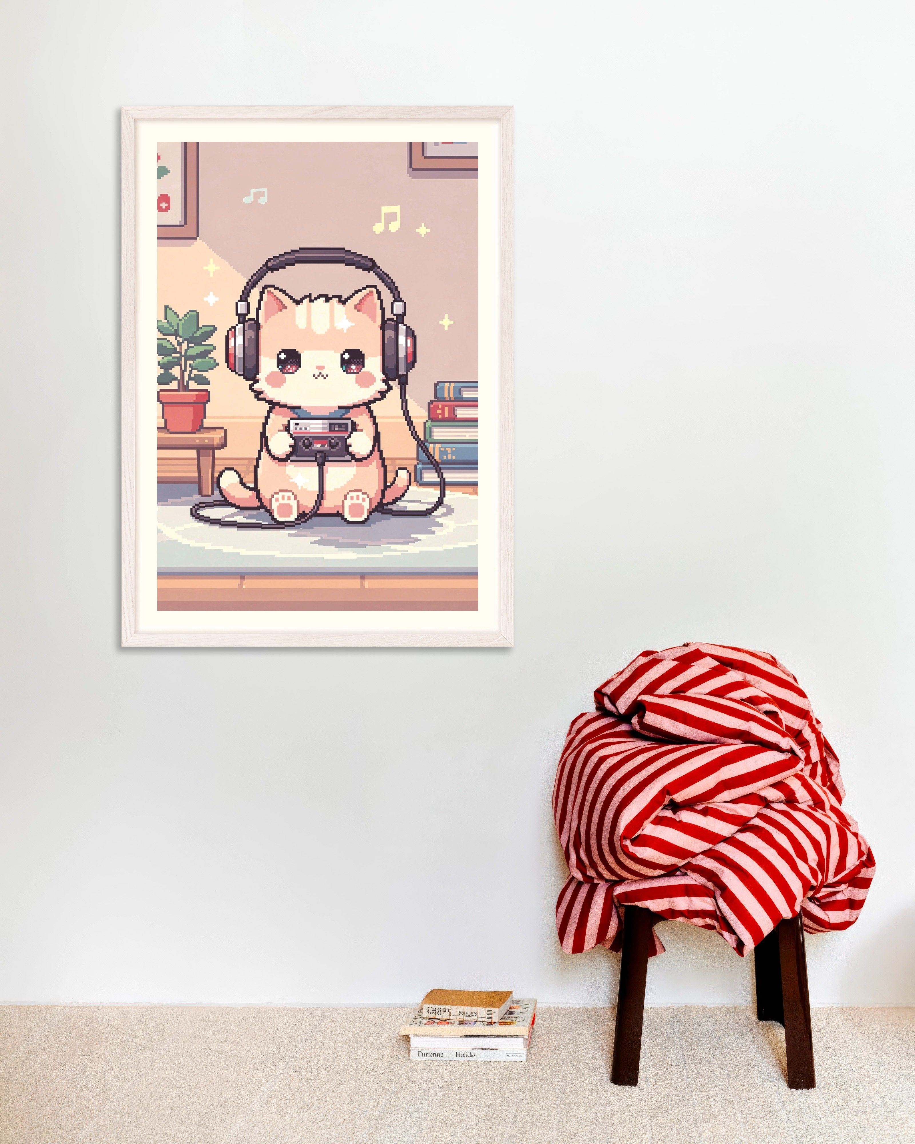 Poster of Lo-Fi Cat with Headphones Pixel Art Poster, with white wooden frame