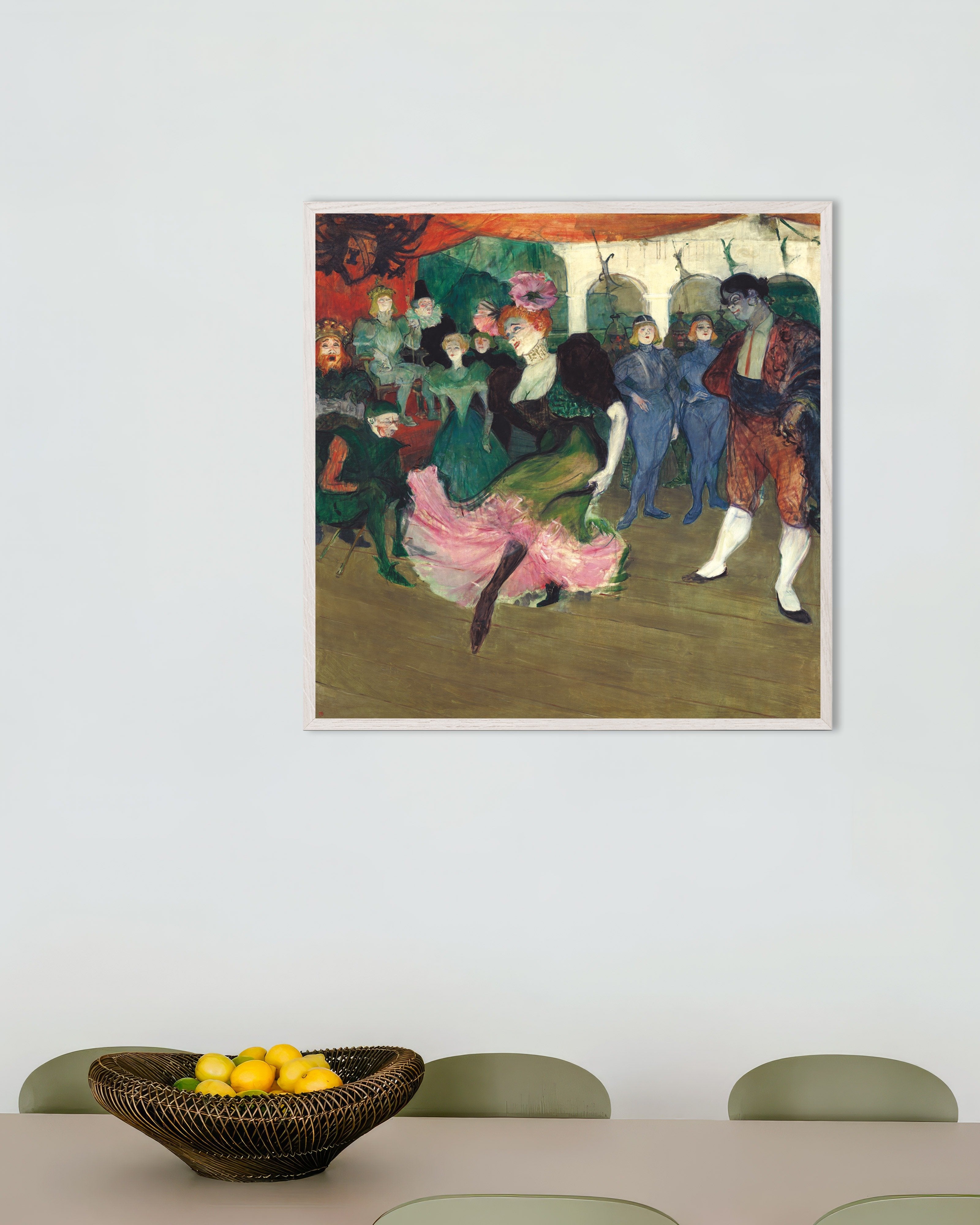 Poster of Marcelle Lender dancing the Bolero in Chilpéric (1895-1896) by Henri de Toulouse-Lautrec, with white wooden frame