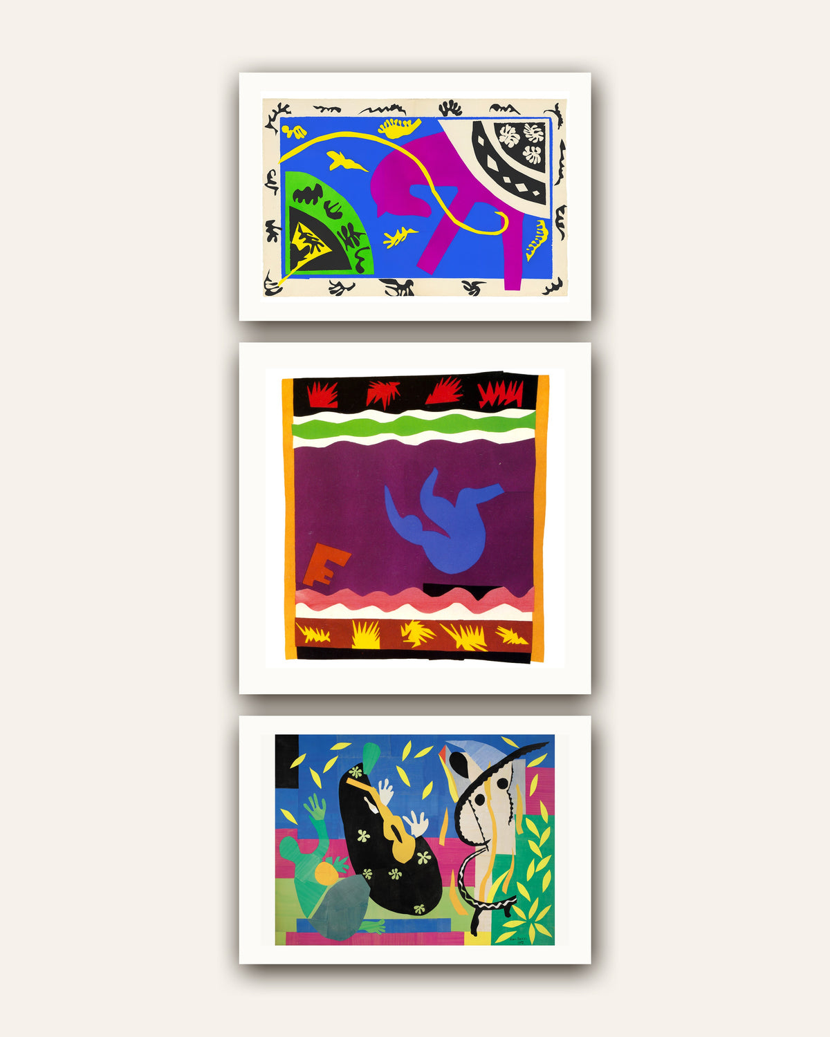 Matisse posters, set van 3: Paard, ruiter en clown, De slee, De smarten van de koning, zonder lijst