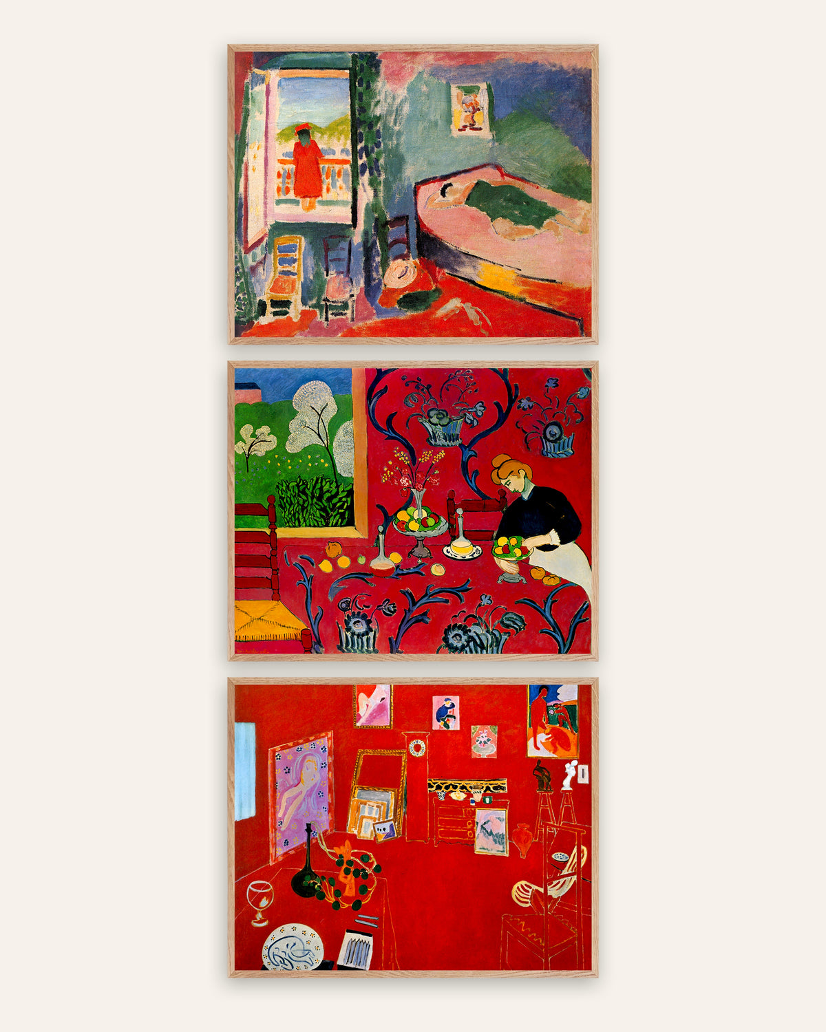 Affiches Matisse, lot de 3 : Intérieur à Collioure, Harmonie en rouge et L’Atelier rouge, cadres en chêne naturel