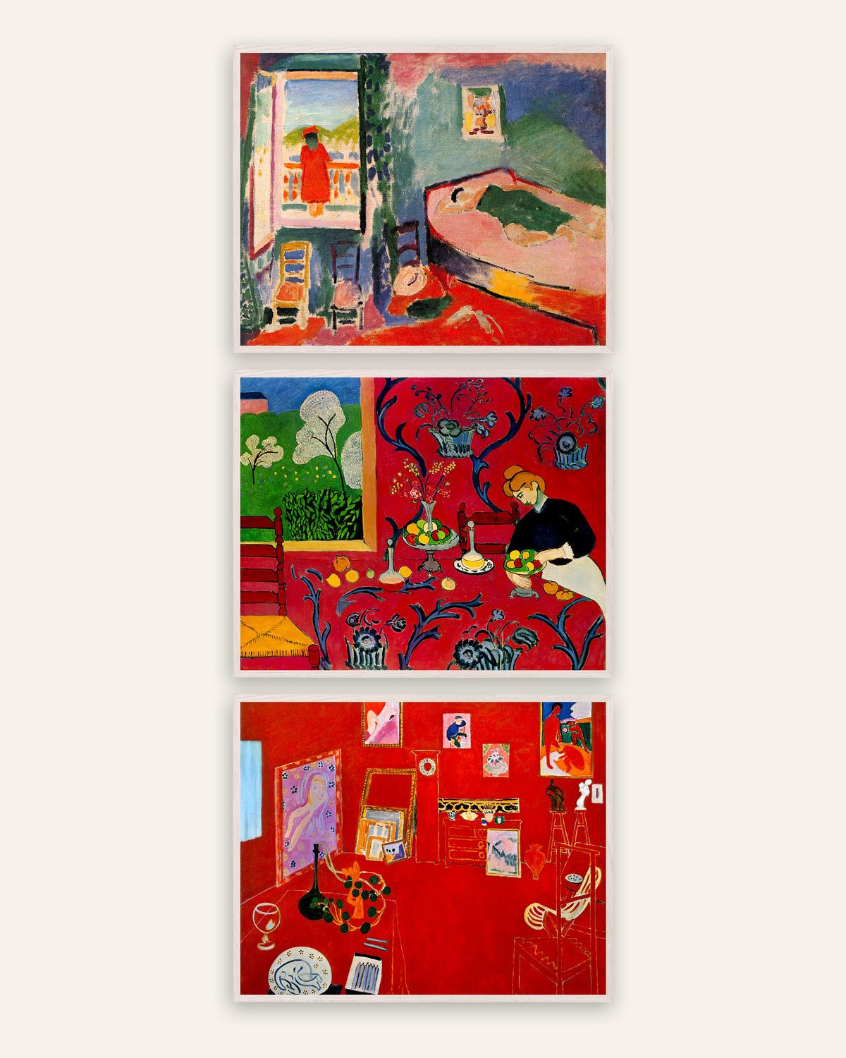 Affiches Matisse, lot de 3 : Intérieur à Collioure, Harmonie en rouge et L’Atelier rouge, cadres en chêne blanc