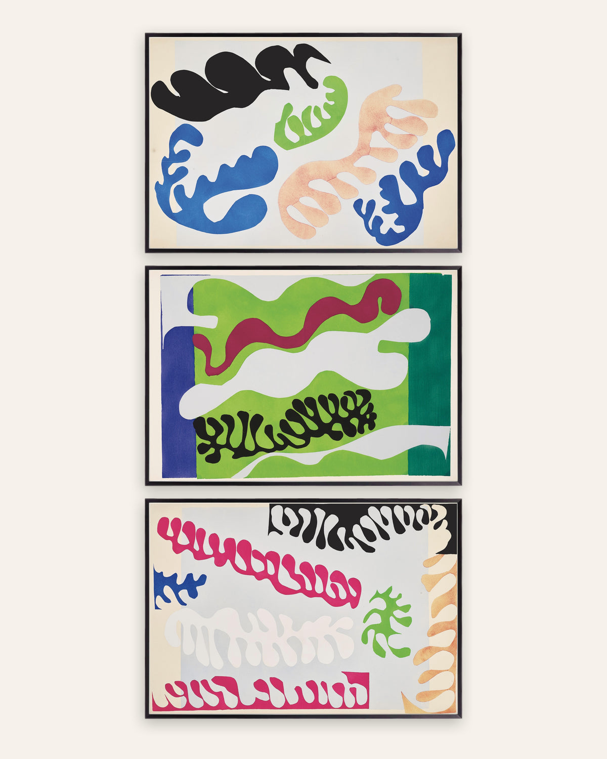 Affiches Matisse Jazz, lot de 3 : Le Lagon en bleu, en vert et en rose, cadres en métal noir