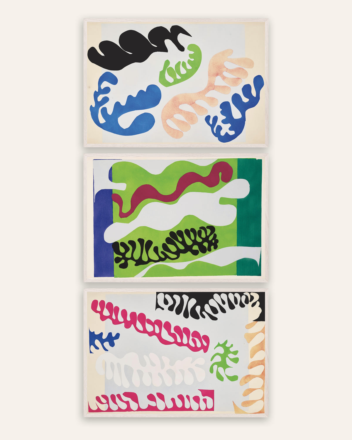 Affiches Matisse Jazz, lot de 3 : Le Lagon en bleu, en vert et en rose, cadres en chêne blanc
