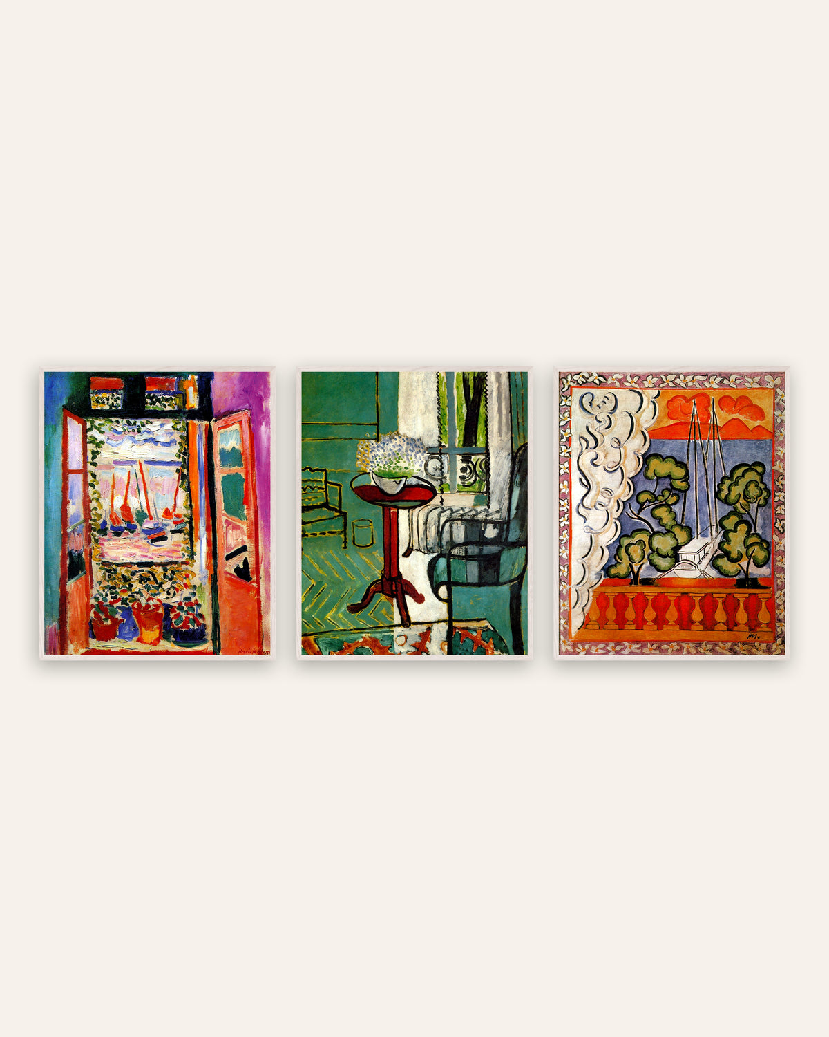 Matisse posters, set van 3: ramen in Collioure, met vergeet-mij-nietjes en op Tahiti, in witte eikenhouten lijsten