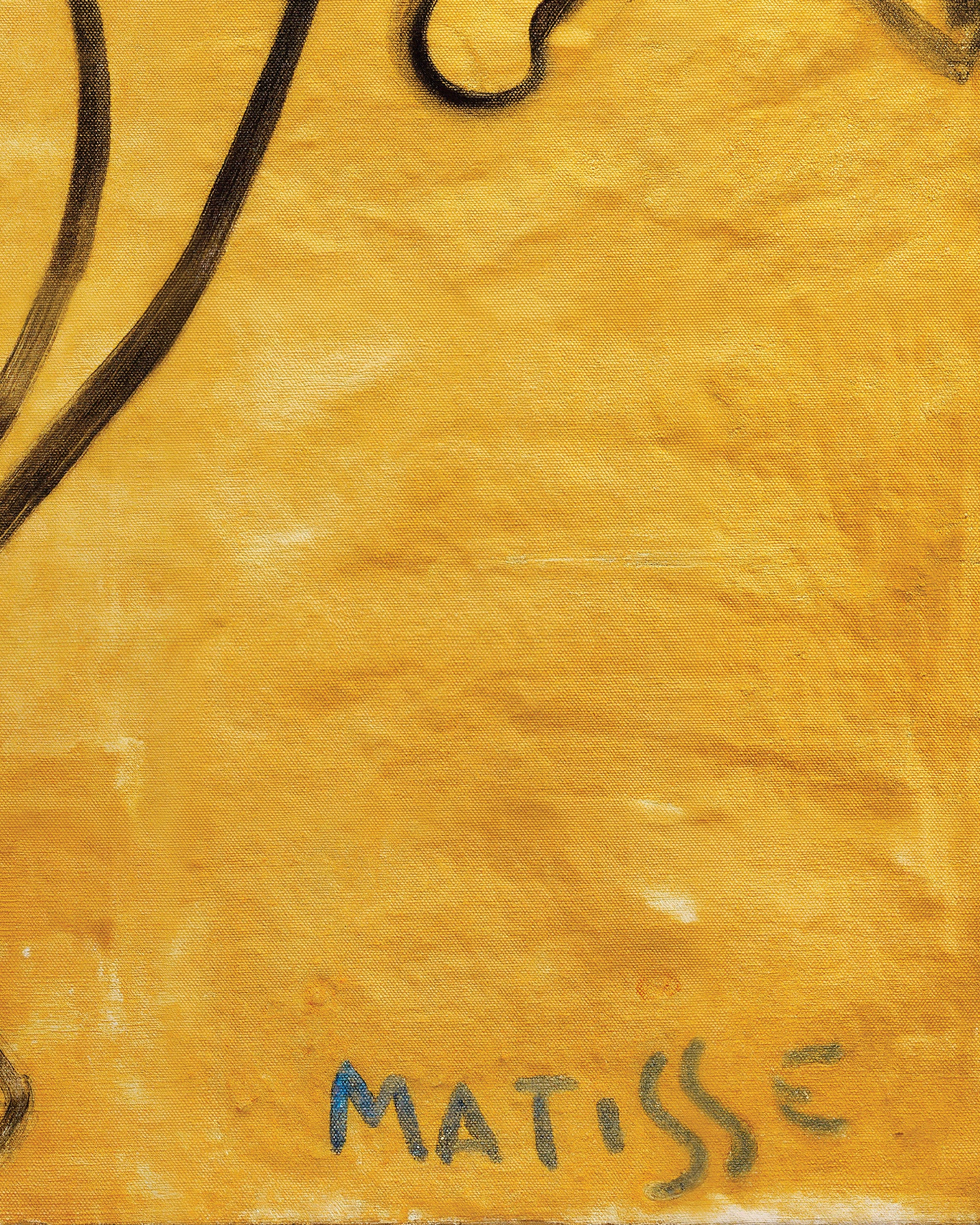 Close-up of a textured yellow artwork with dark curved lines at the top left and the word 'MATISSE' in blue at the bottom.