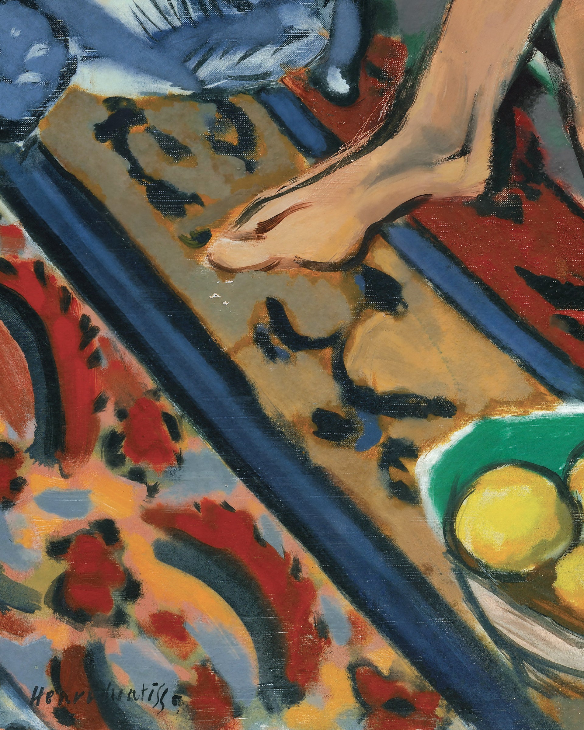 A close-up painting by Henri Matisse depicting a bare foot stepping over a patterned rug with red, yellow, blue, and black motifs, alongside a bowl of lemons.