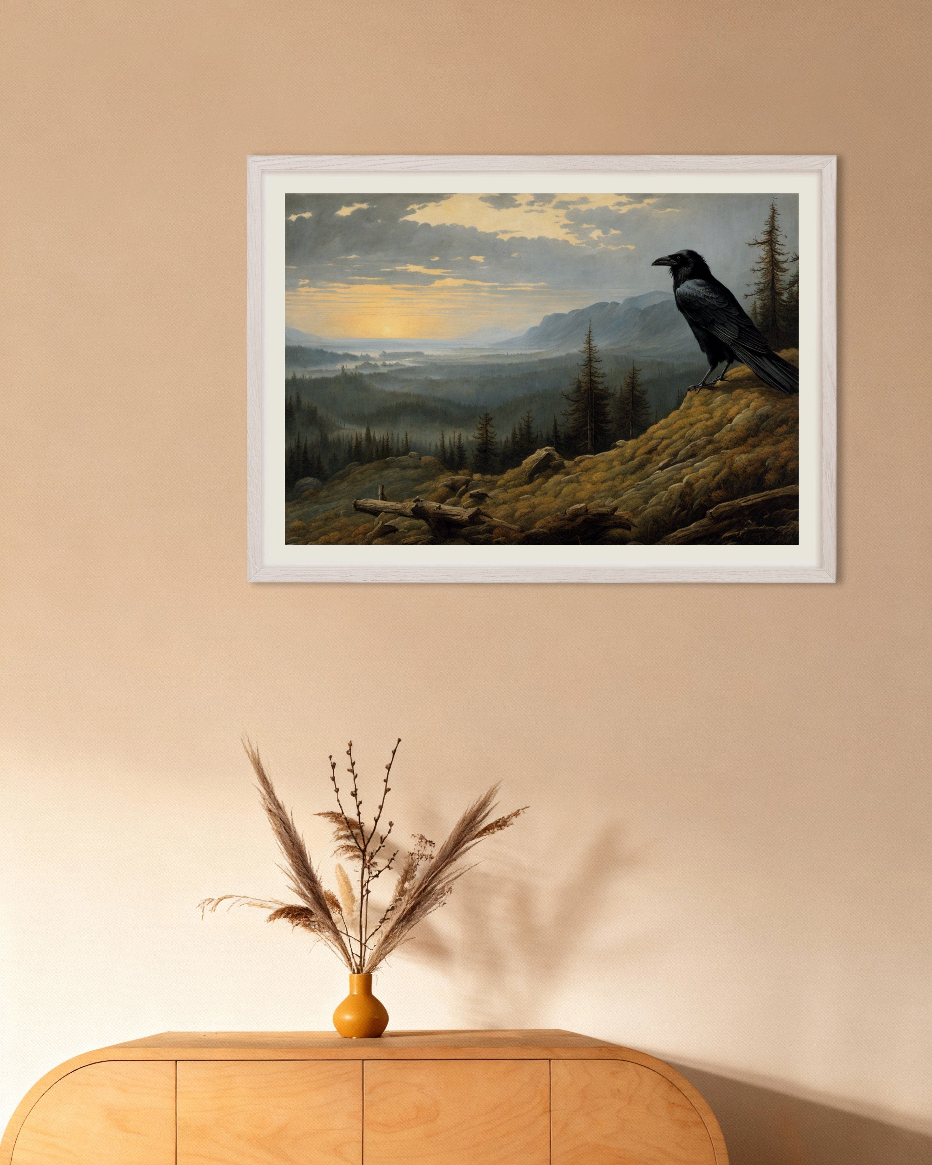 Poster of Mesmerizing landscapes invoking spiritual introspection, a crow - Poster, with white wooden frame