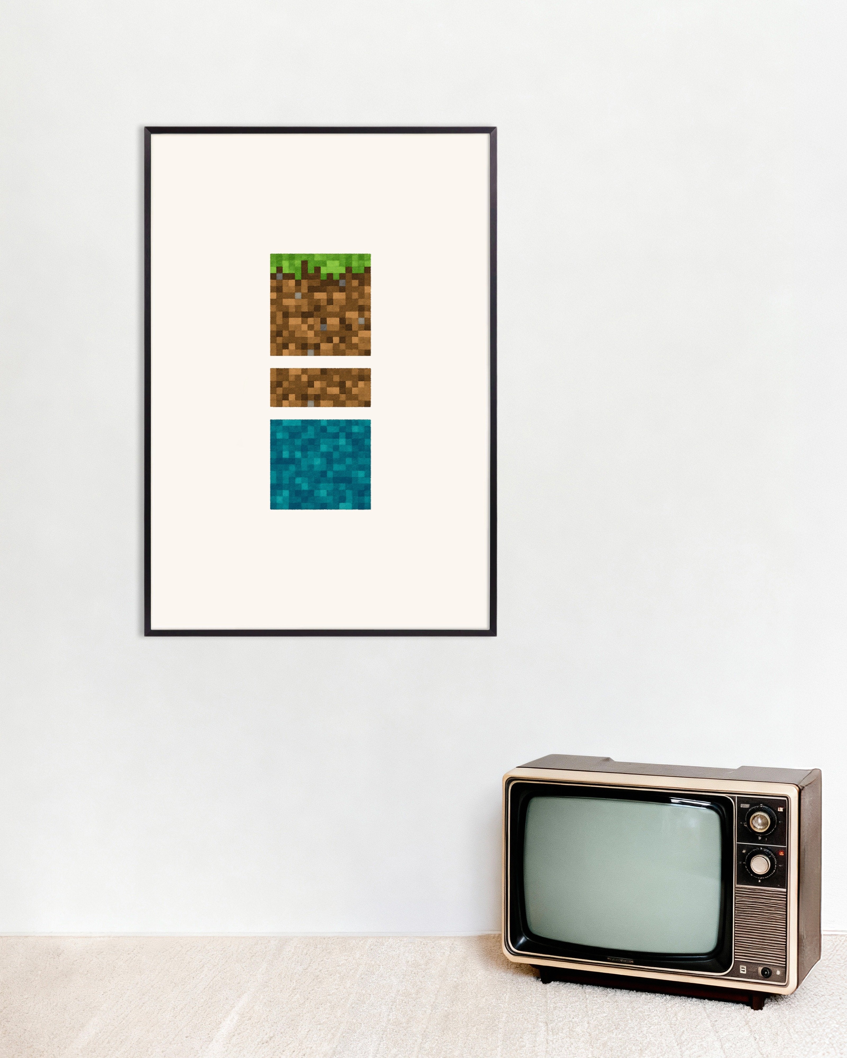 Poster of Minecraft Blocks Trio – grass, dirt, and water poster, with metal frame