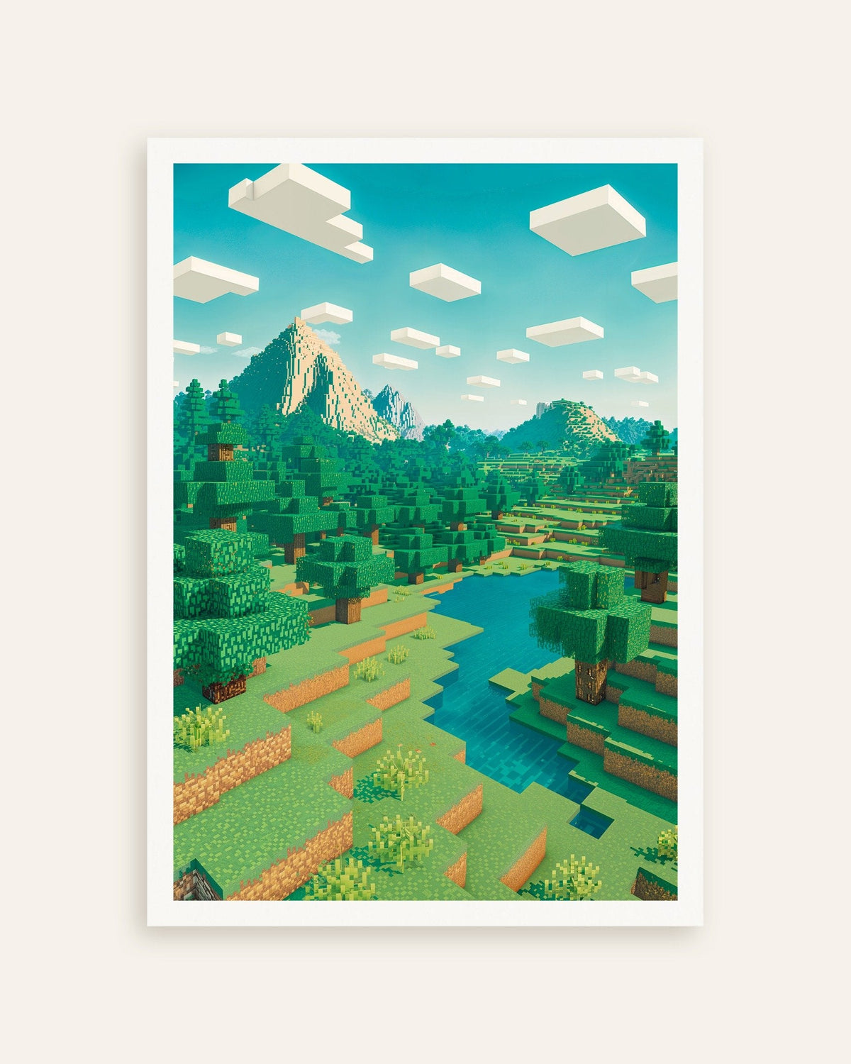 Vignette de l’affiche « Monde pixelisé, paysage montagneux », affiche de fan en pixel art