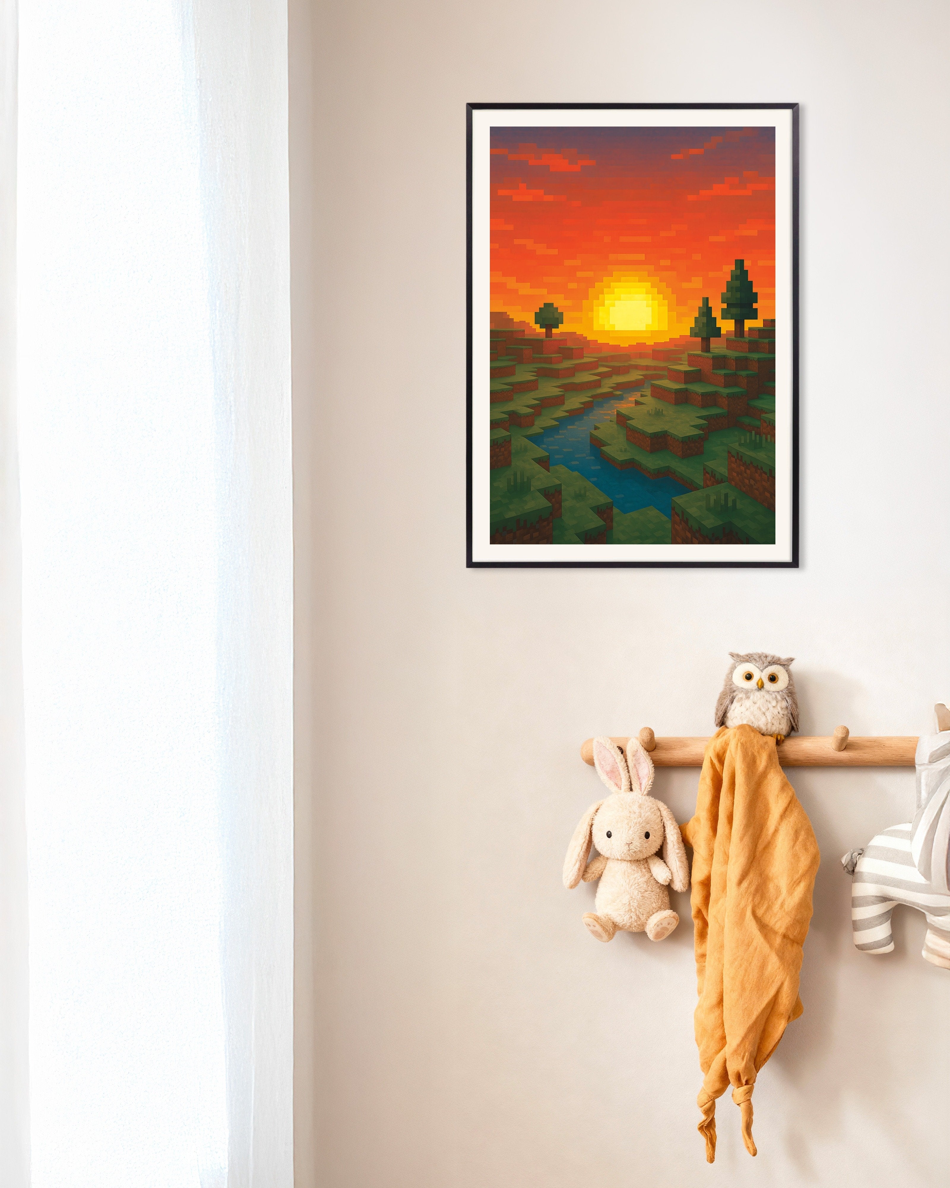 Poster of Minecraft Sunset – pixel art fan poster with river and trees, with metal frame