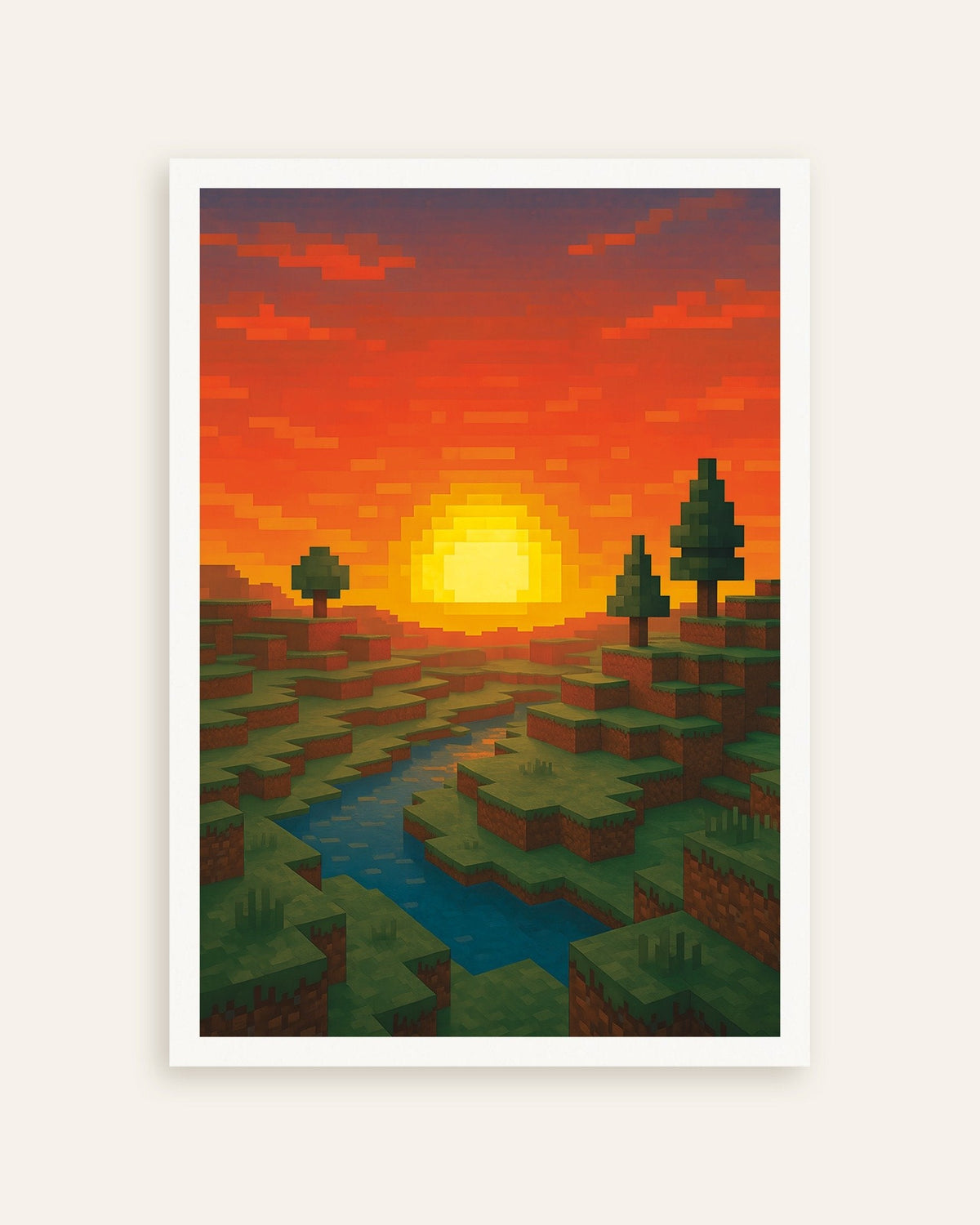 Coucher de soleil – poster fan art en blocs de pixels avec rivière et arbres, en miniature