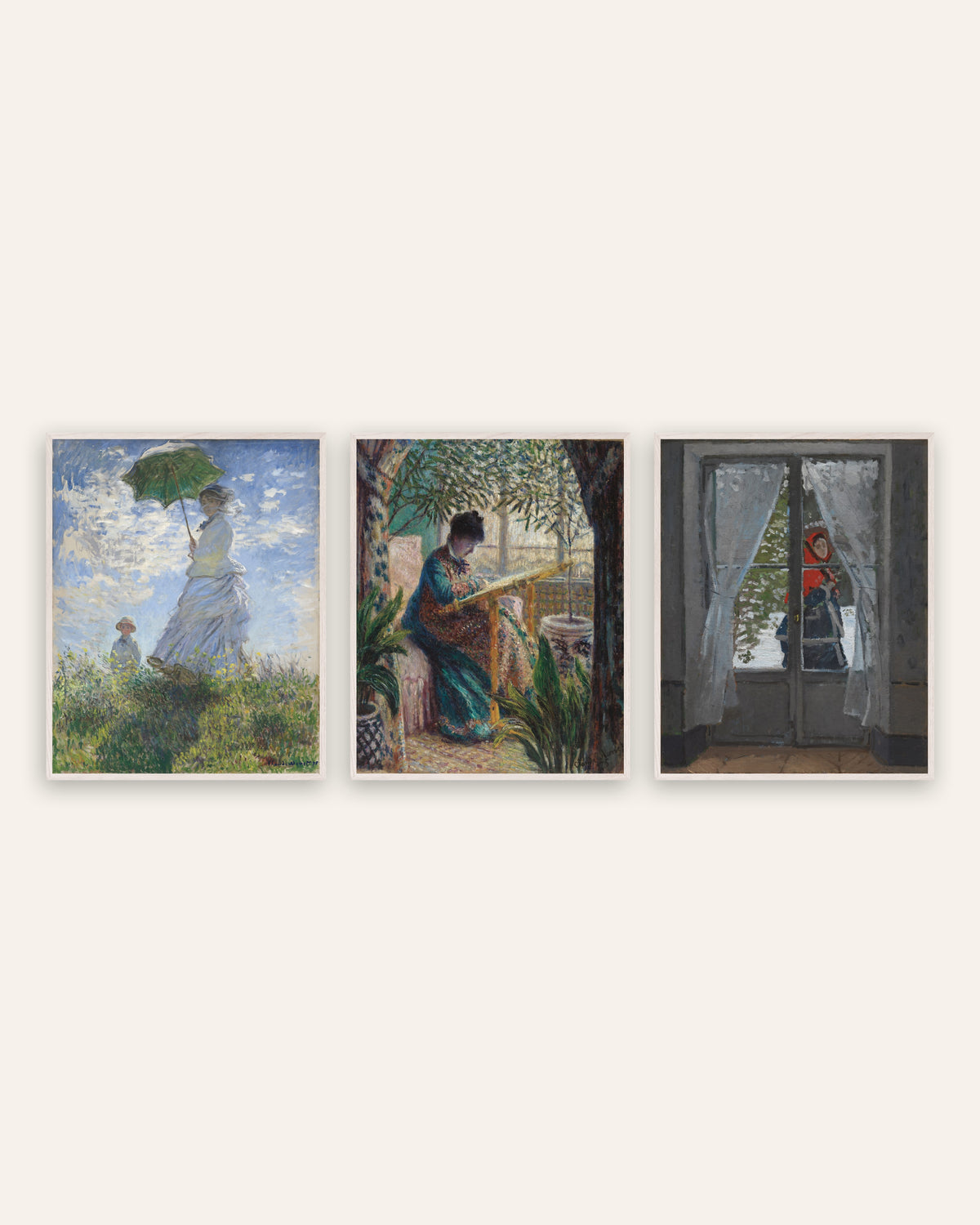 Affiches Monet Camille, lot de 3 : la femme à l’ombrelle et le fichu rouge, cadres en chêne blanc