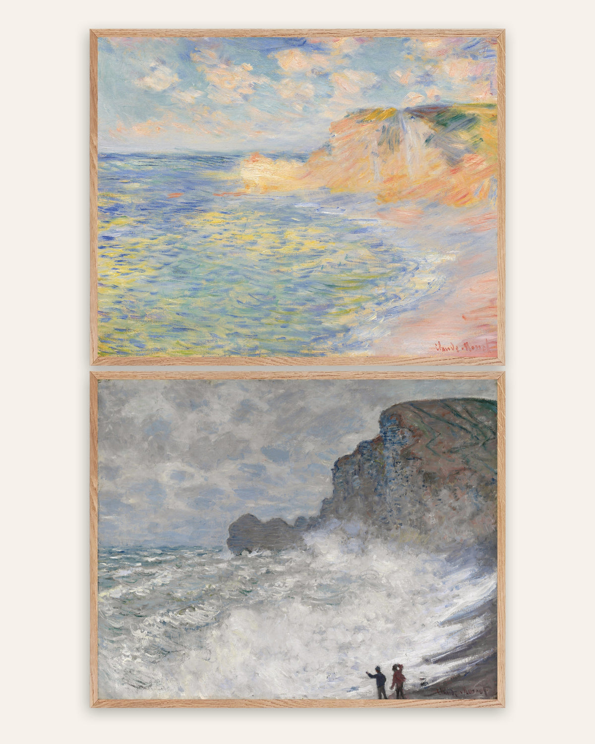 Affiches Monet Étretat, lot de 2 : falaise d’Amont et gros temps, cadres en chêne naturel