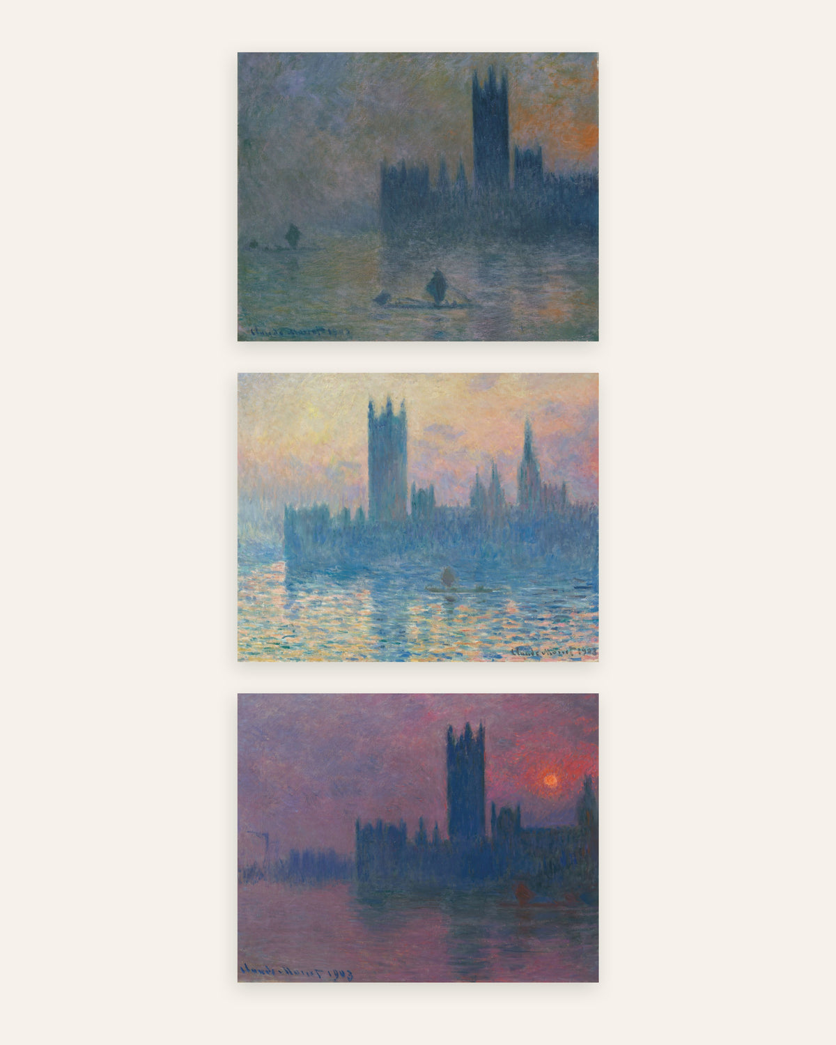 Affiches Monet Parlement de Londres, lot de 3 : brouillard et coucher de soleil, sans cadre