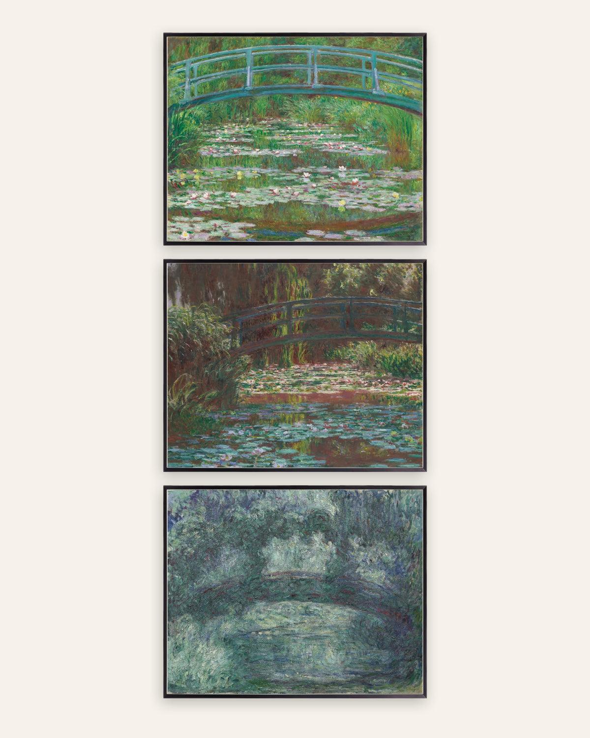 Affiches Monet Pont japonais, lot de 3 : Giverny, de 1899 à 1924, cadres en métal noir