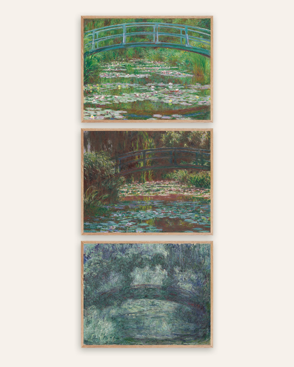 Affiches Monet Pont japonais, lot de 3 : Giverny, de 1899 à 1924, cadres en chêne naturel