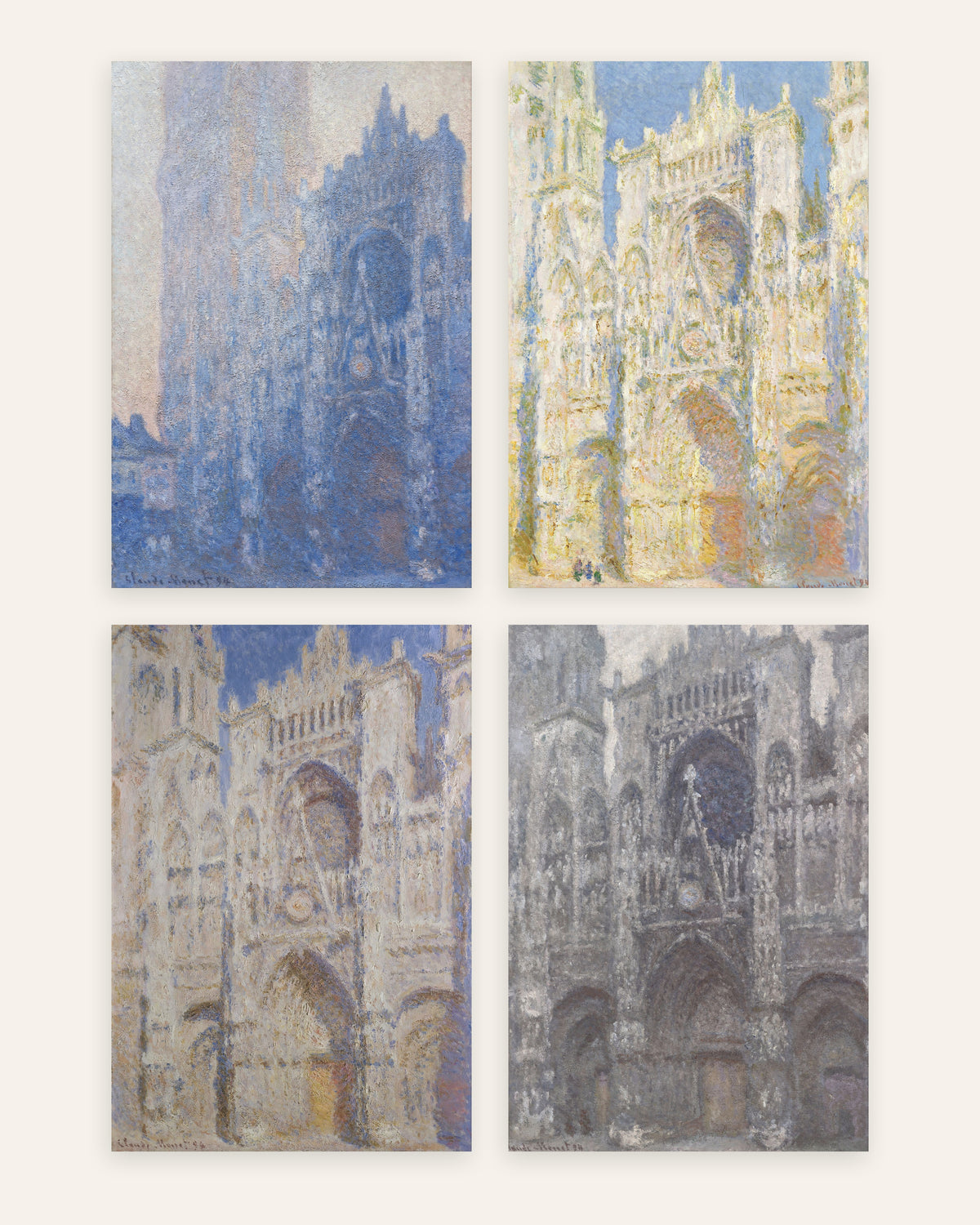 Affiches Monet Cathédrale de Rouen, lot de 4 : du matin au temps gris, sans cadre