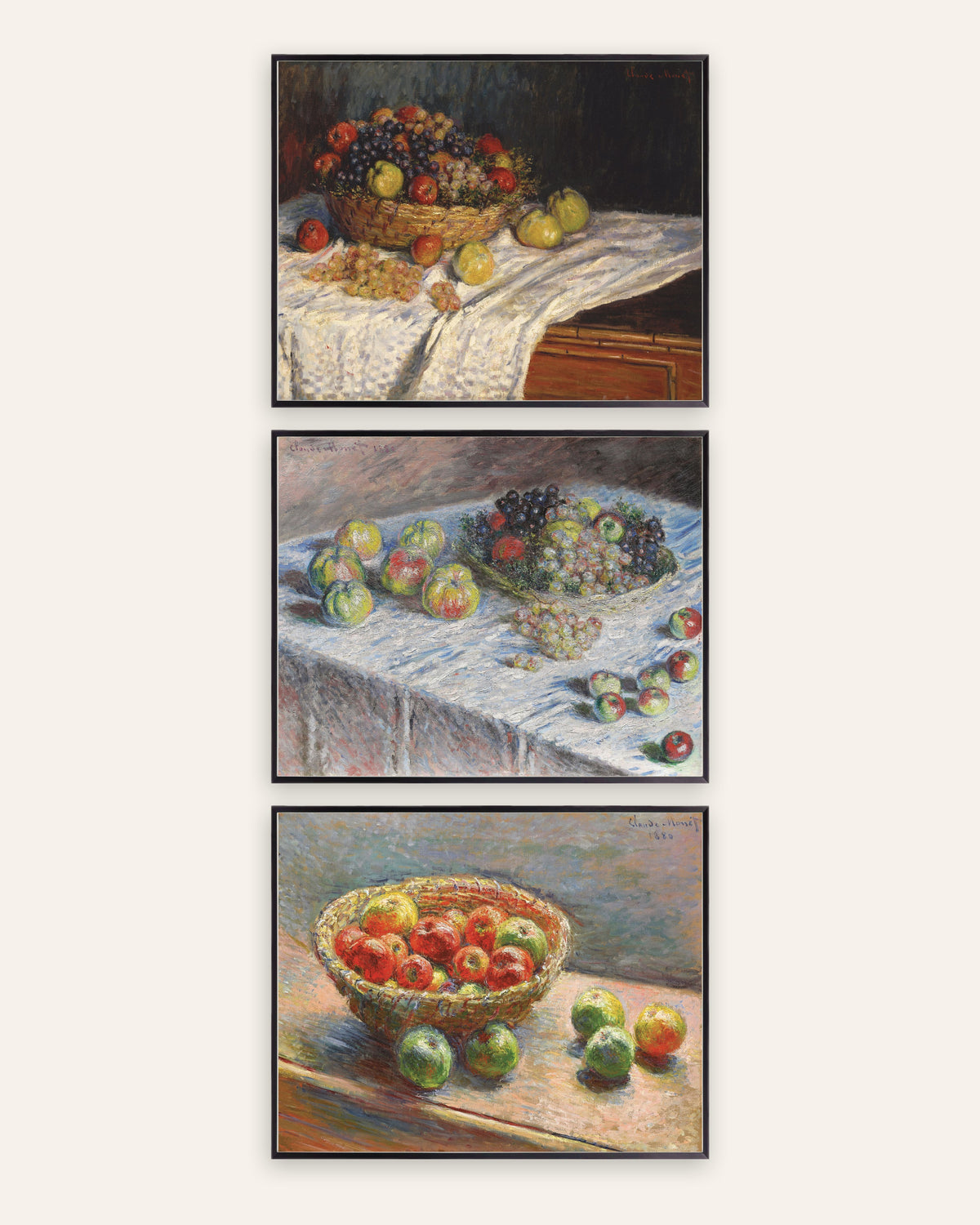 Affiches Monet natures mortes, lot de 3 : pommes, raisins et panier, cadres en métal noir