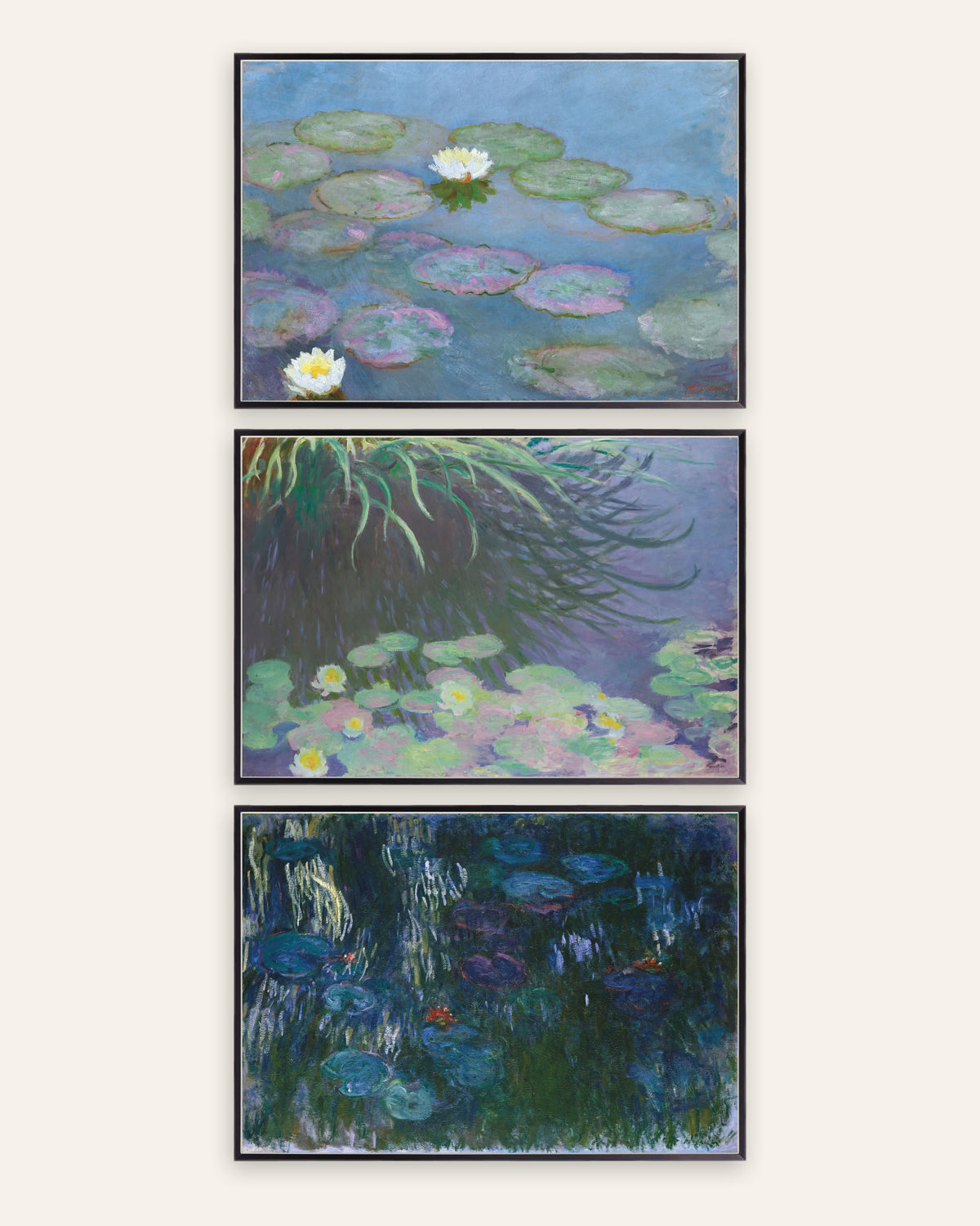 Affiches Monet Nymphéas, lot de 3 : premiers et derniers panoramas, cadres en métal noir
