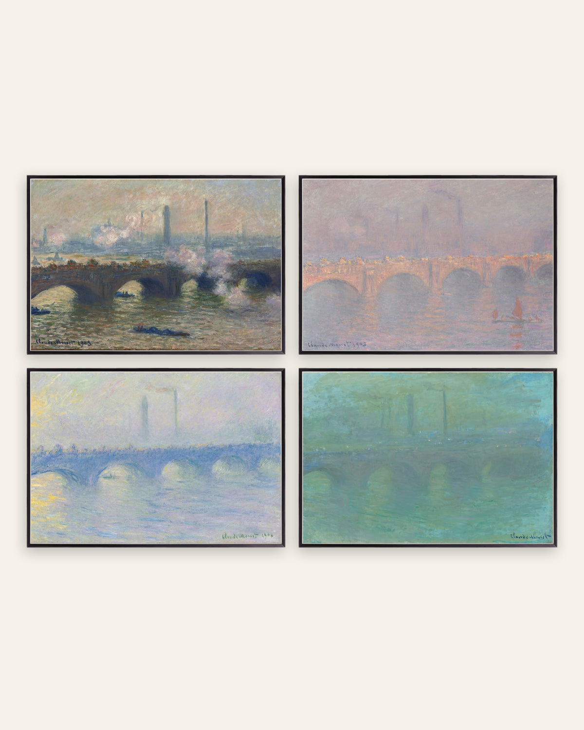 Monet Waterloo Bridge posters, set van 4: grijze dag, zon, nevel en schemering, in zwarte metalen lijsten