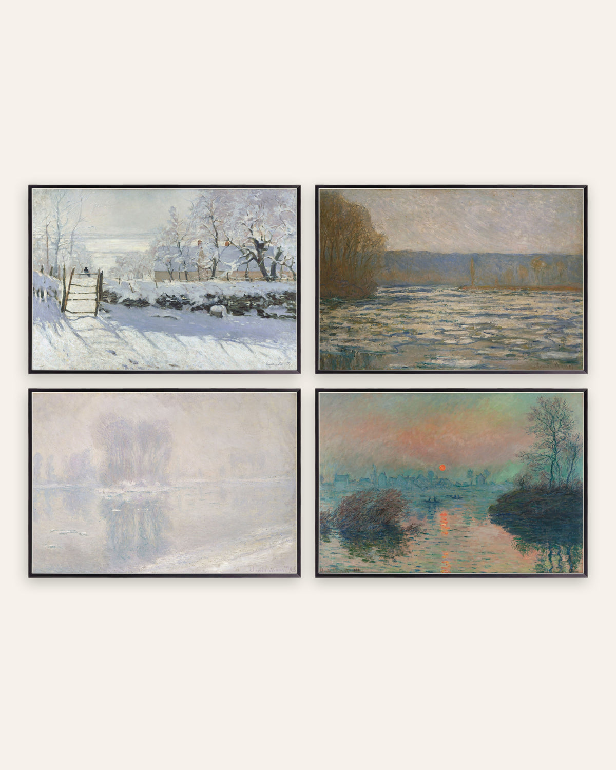 Affiches Monet hiver, lot de 4 : la Pie, la glace et le soleil d’hiver, cadres en métal noir
