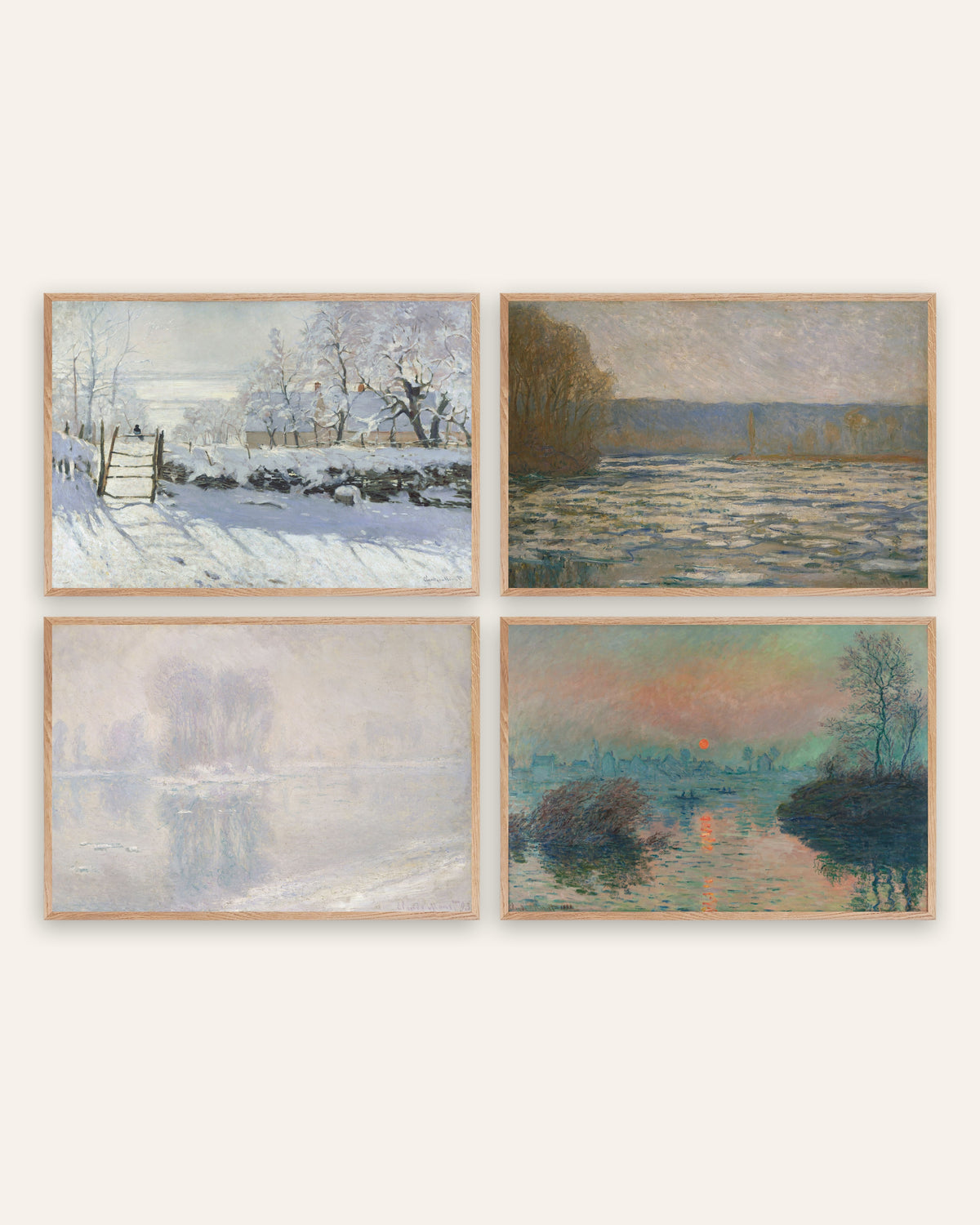Affiches Monet hiver, lot de 4 : la Pie, la glace et le soleil d’hiver, cadres en chêne naturel